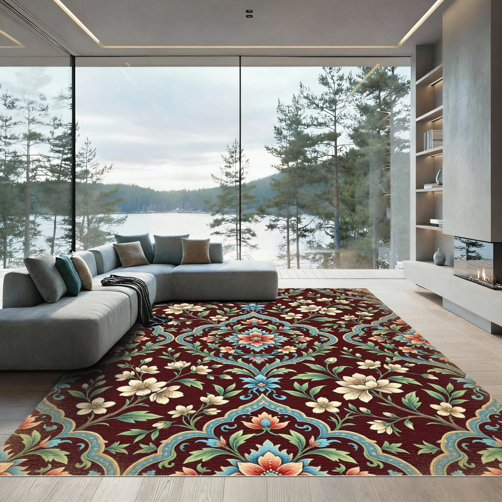 Crimson Floral Medallion With Blue Accents Rug