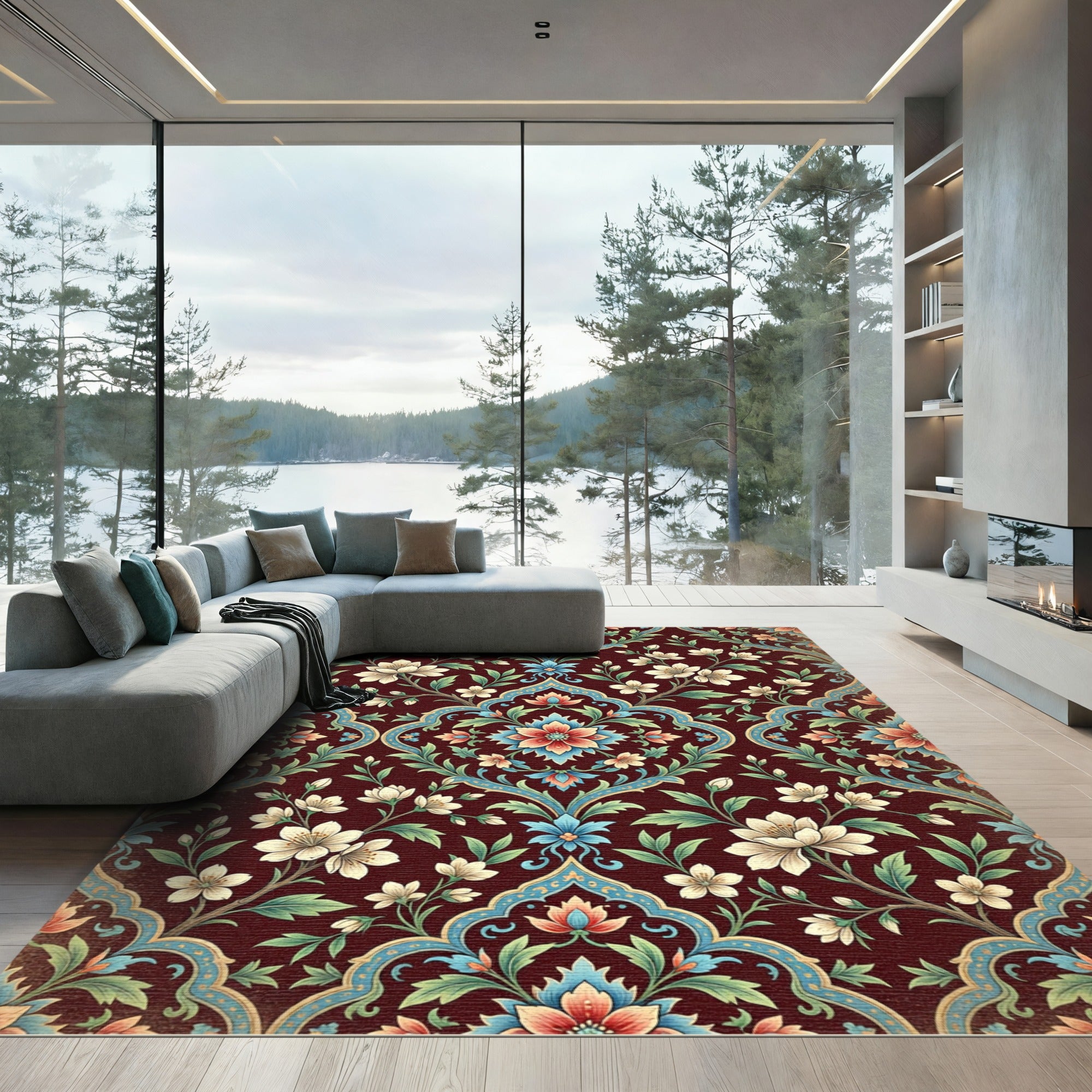 Crimson Floral Medallion With Blue Accents Rug