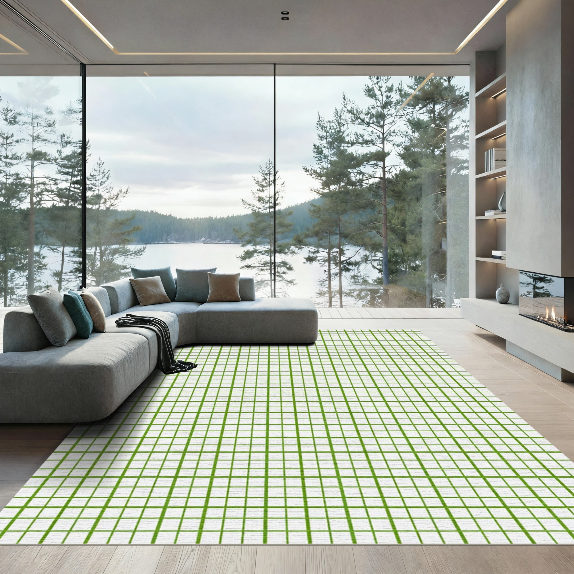 Minimalist Lime Green Grid Graph Rug