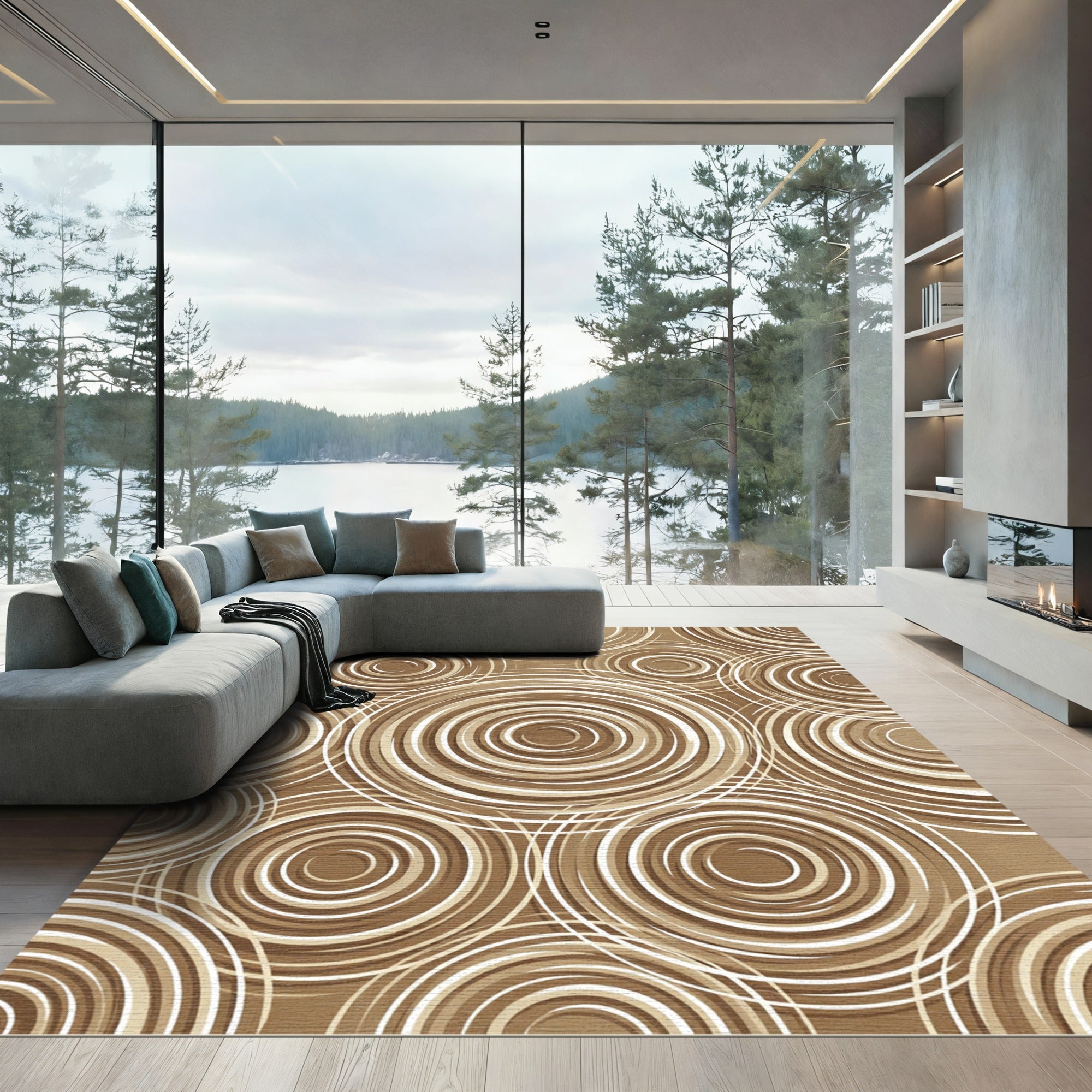 Abstract Coffee Swirl Concentric Circles Rug