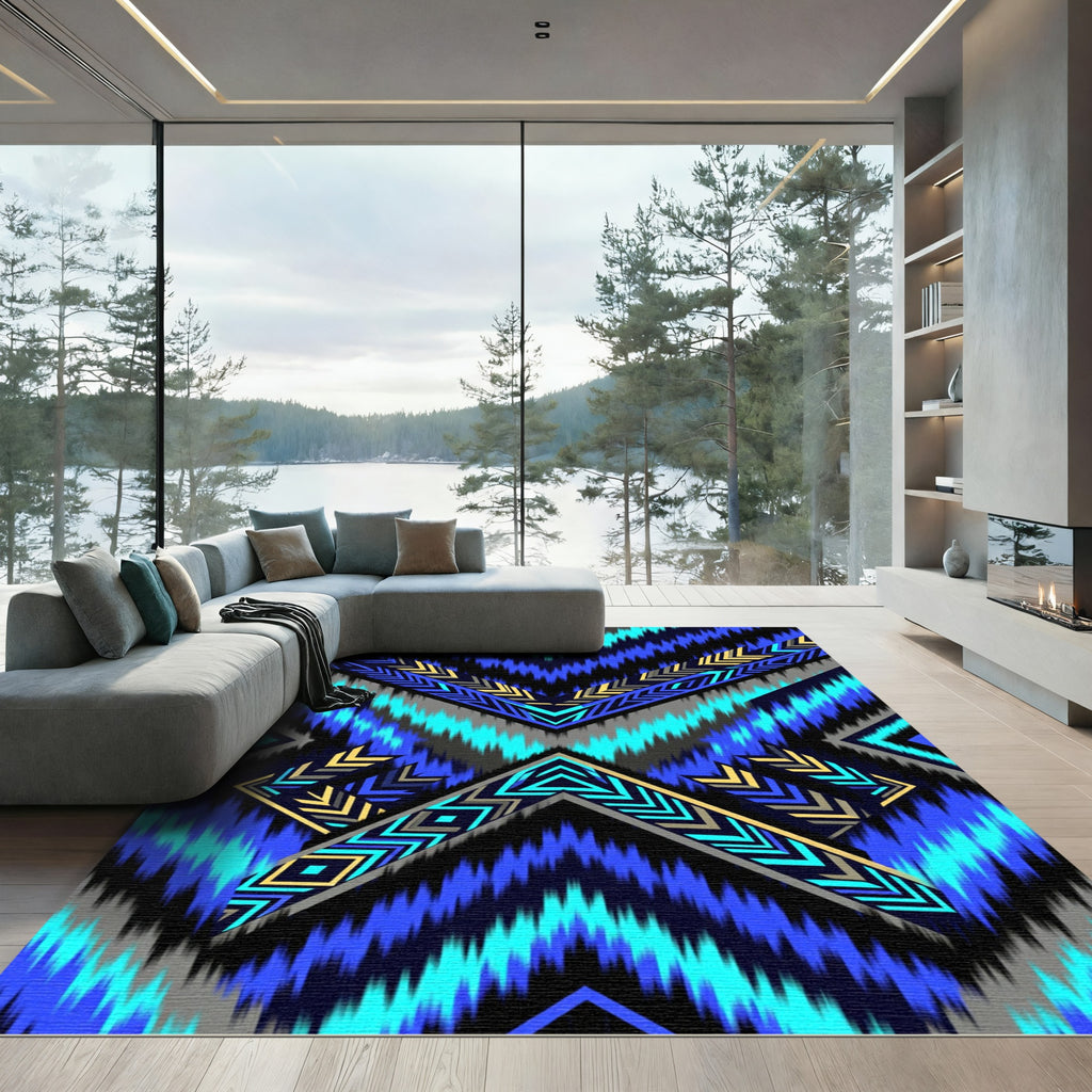 Electric Blue Geometric Chevron Ikat Rug