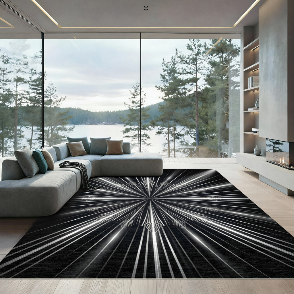 White Art Deco Sunburst Rays Rug