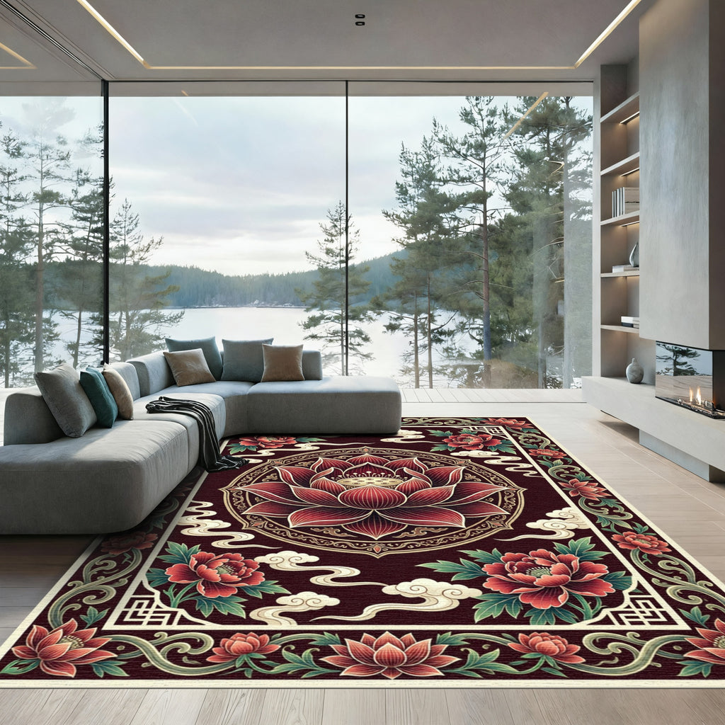 Crimson Lotus Peony Floral Medallion Rug