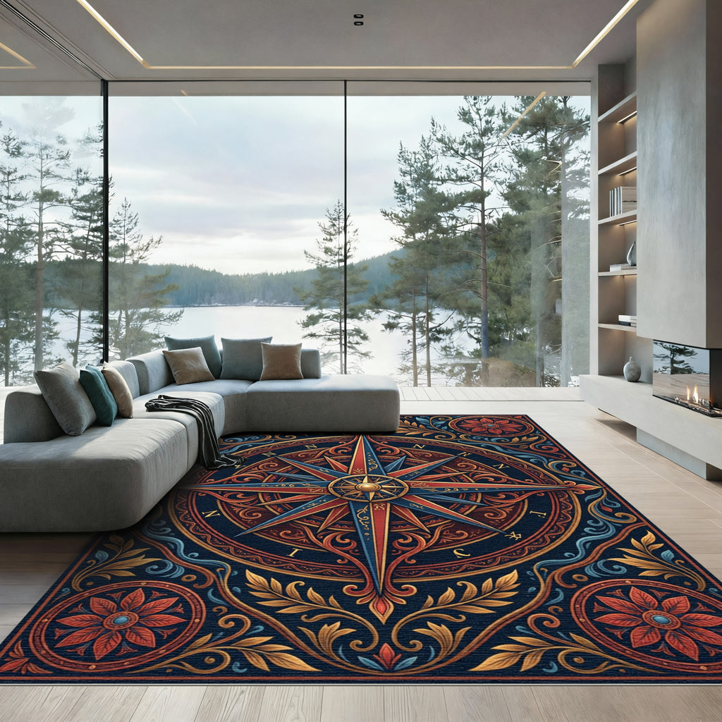 Ornate Red Blue Compass Floral Rug