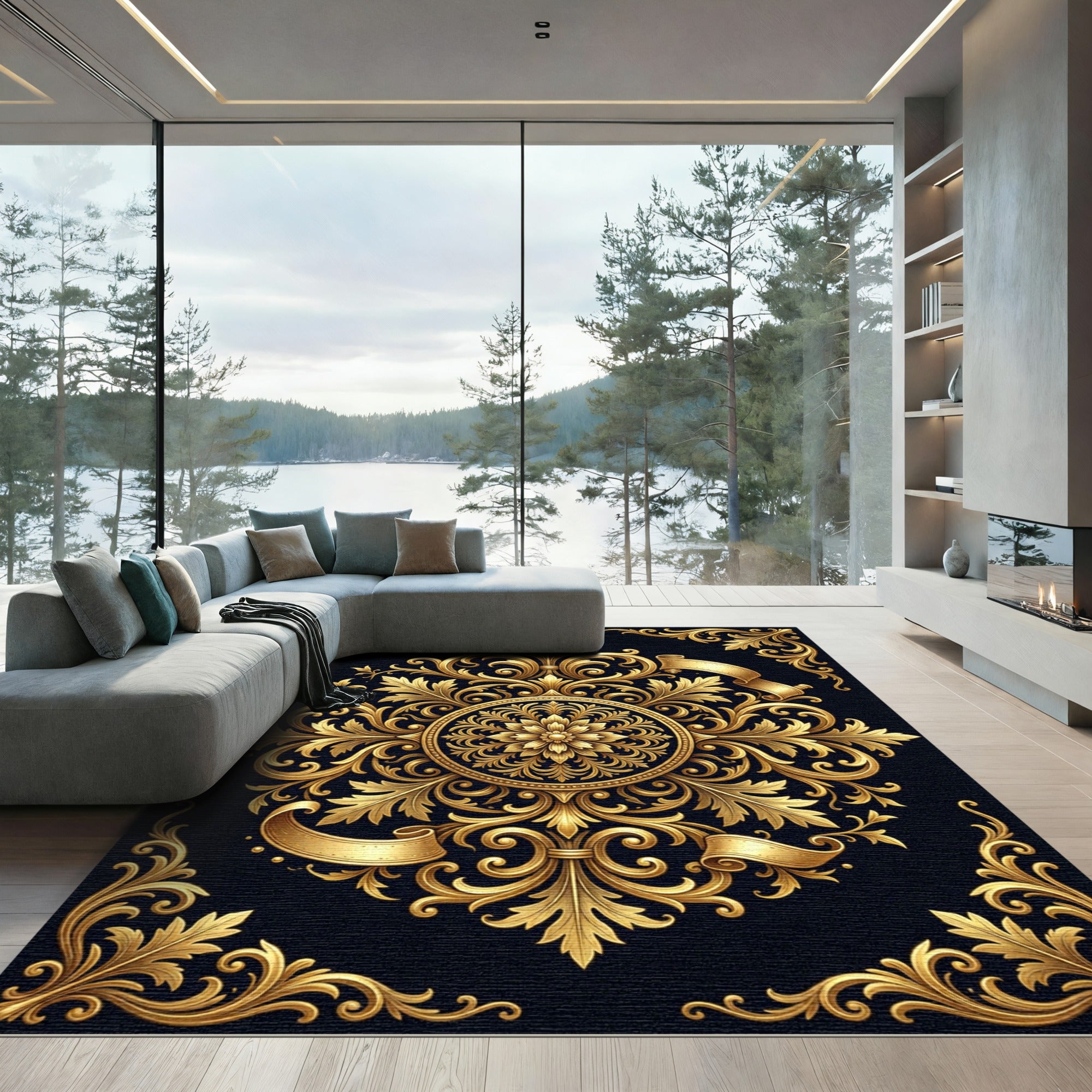 Ornate Gold Baroque Floral Medallion Rug