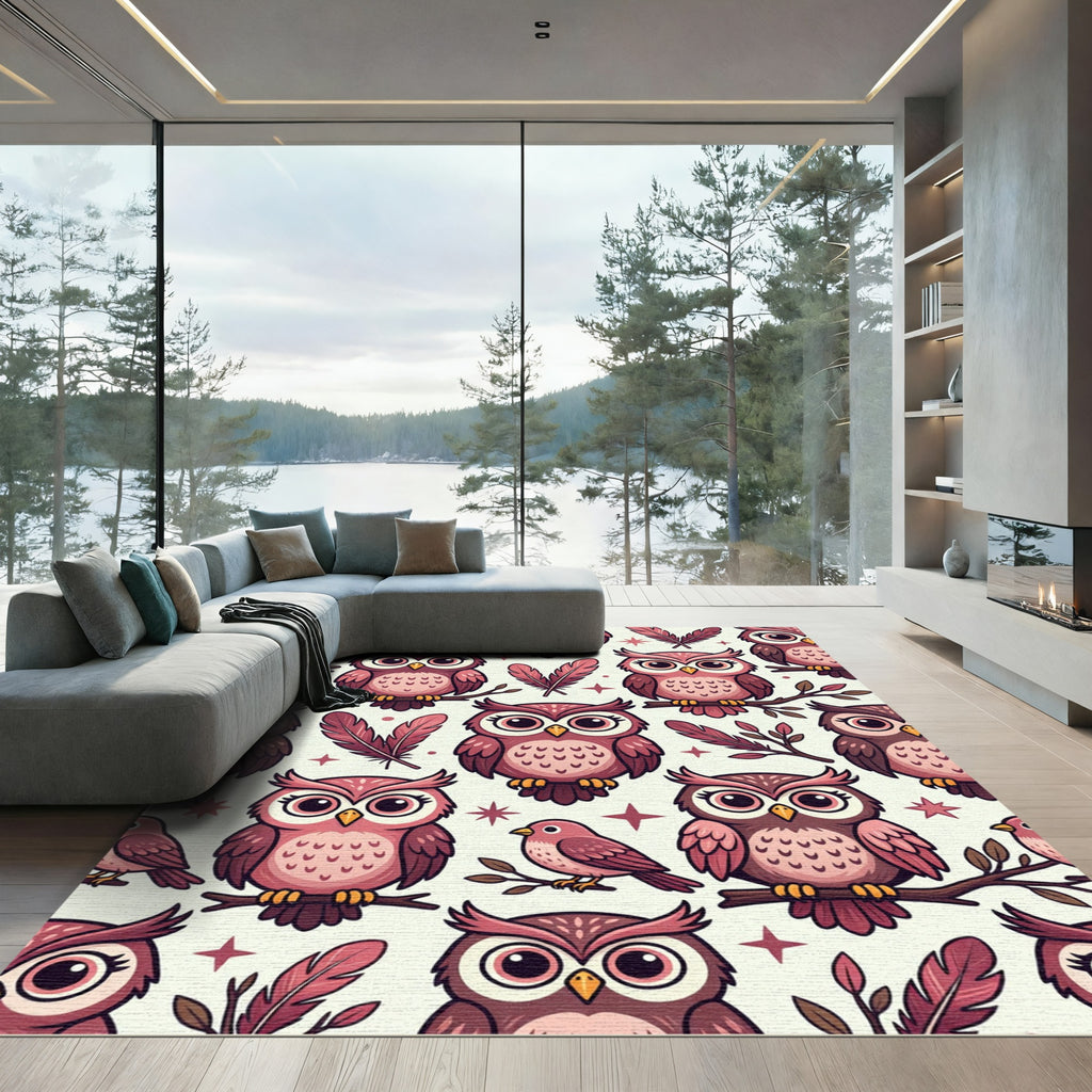 Whimsical Pink Owl Feather Forest Rug