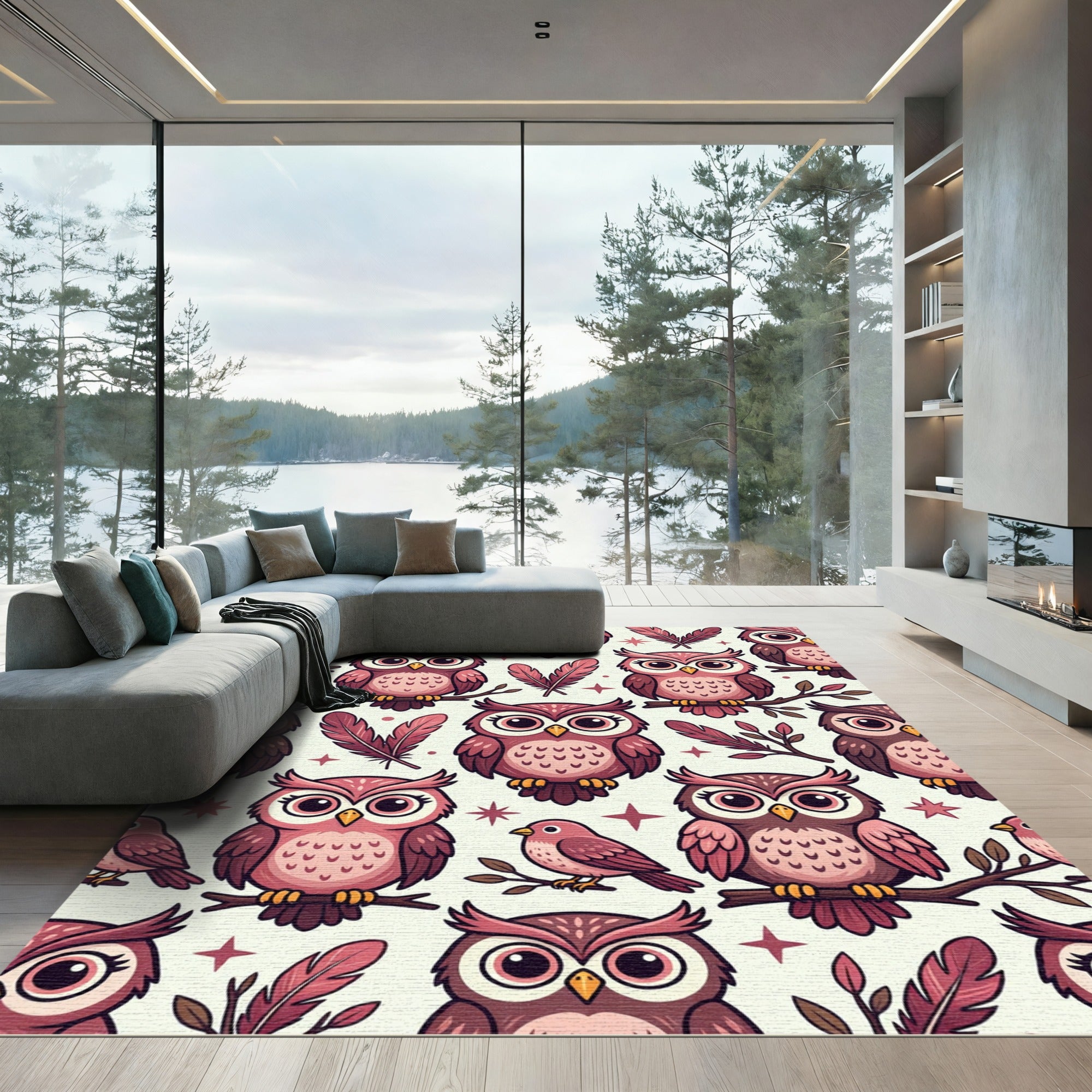 Whimsical Pink Owl Feather Forest Rug