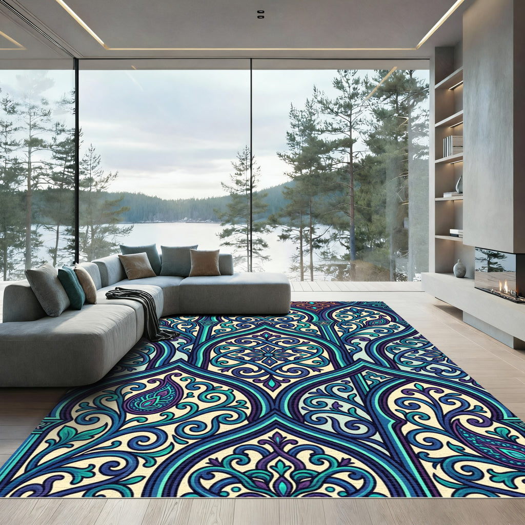 Intricate Teal Blue Damask Archway Rug