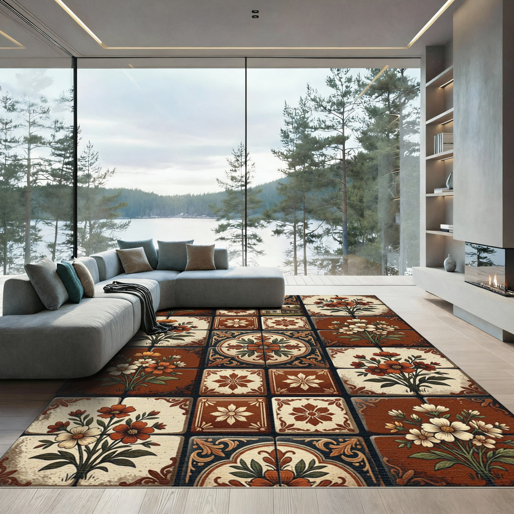 Cottage Floral Tile Earthy Terracotta Rug
