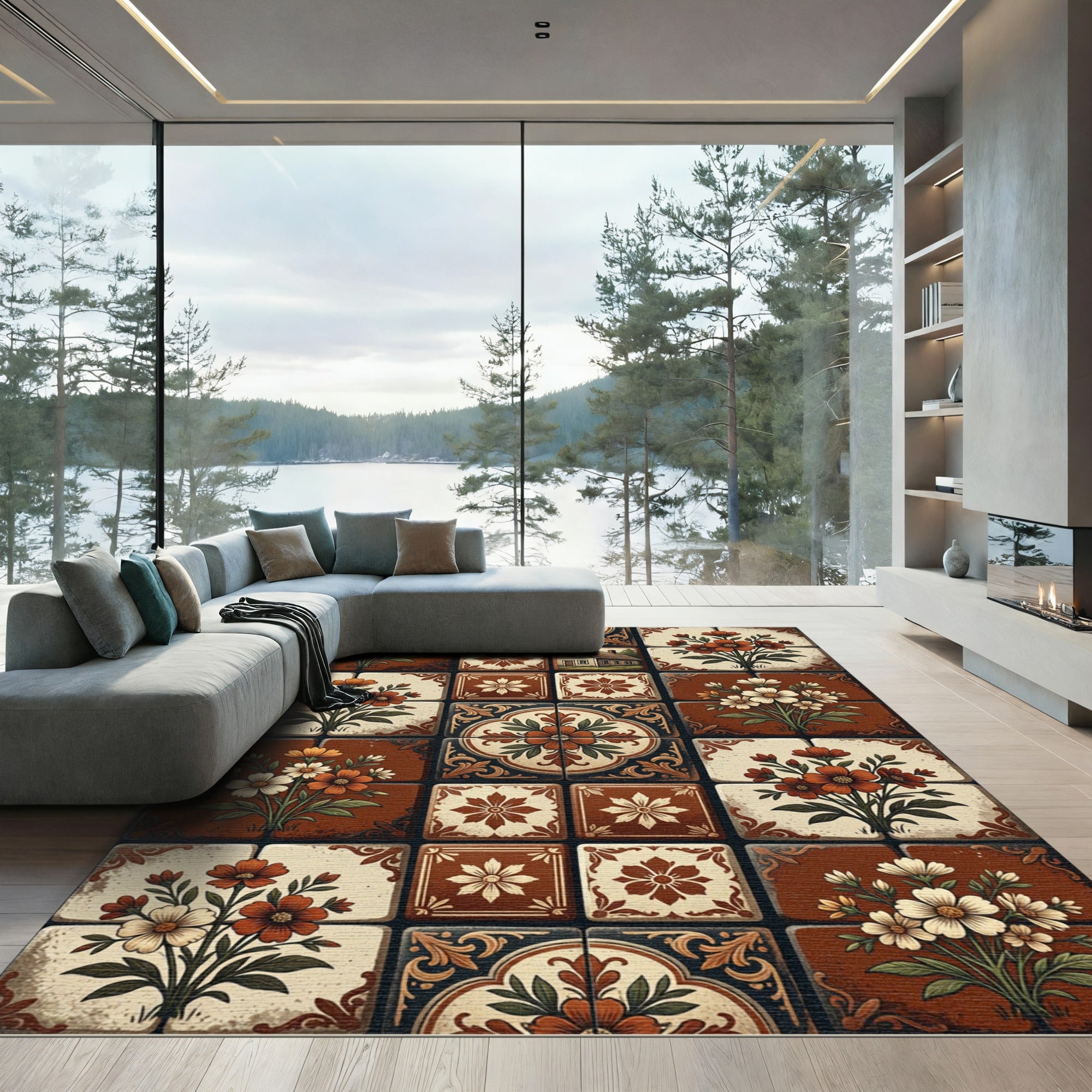 Cottage Floral Tile Earthy Terracotta Rug