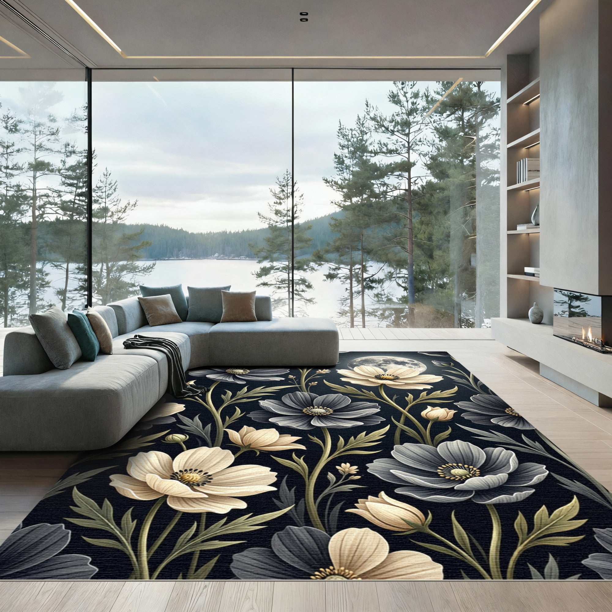 Dark Floral Moonlit Garden Rug