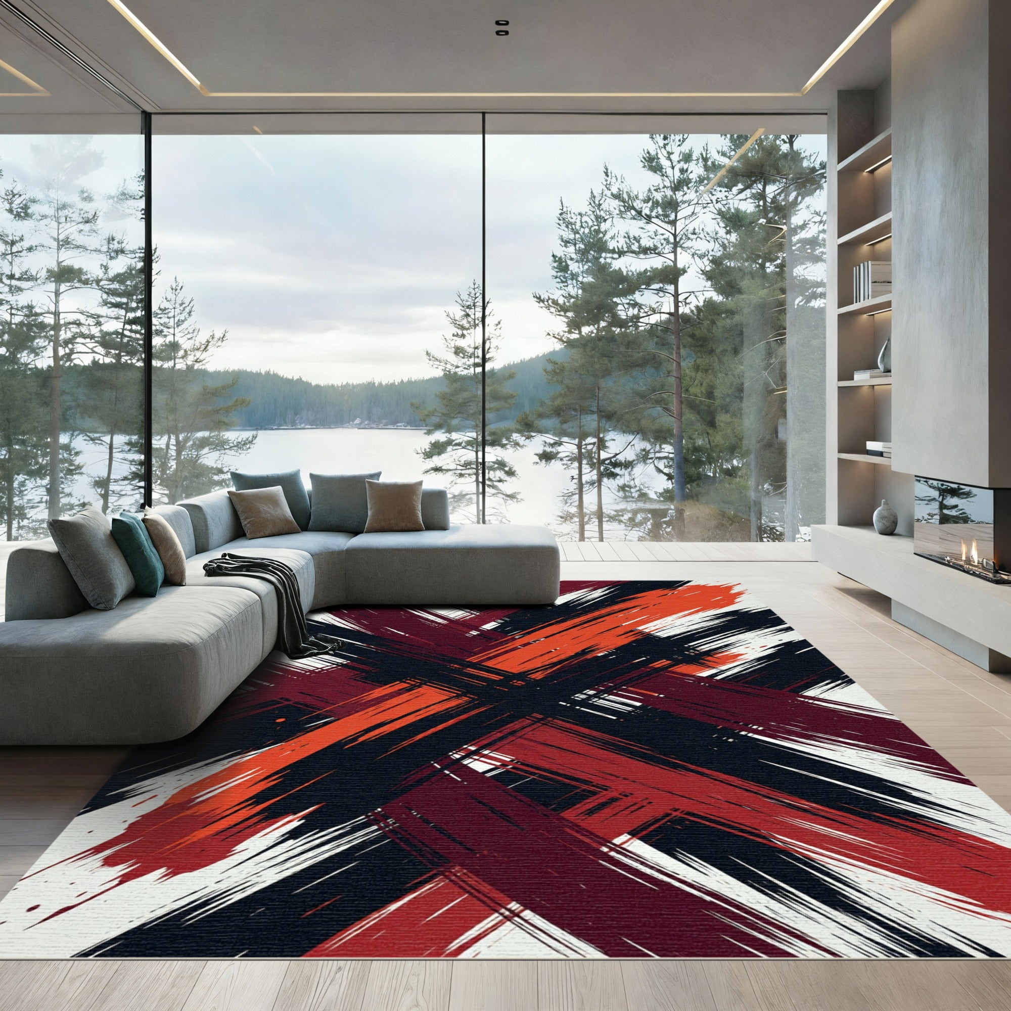 Bold Black Red Abstract Cross Stroke Rug