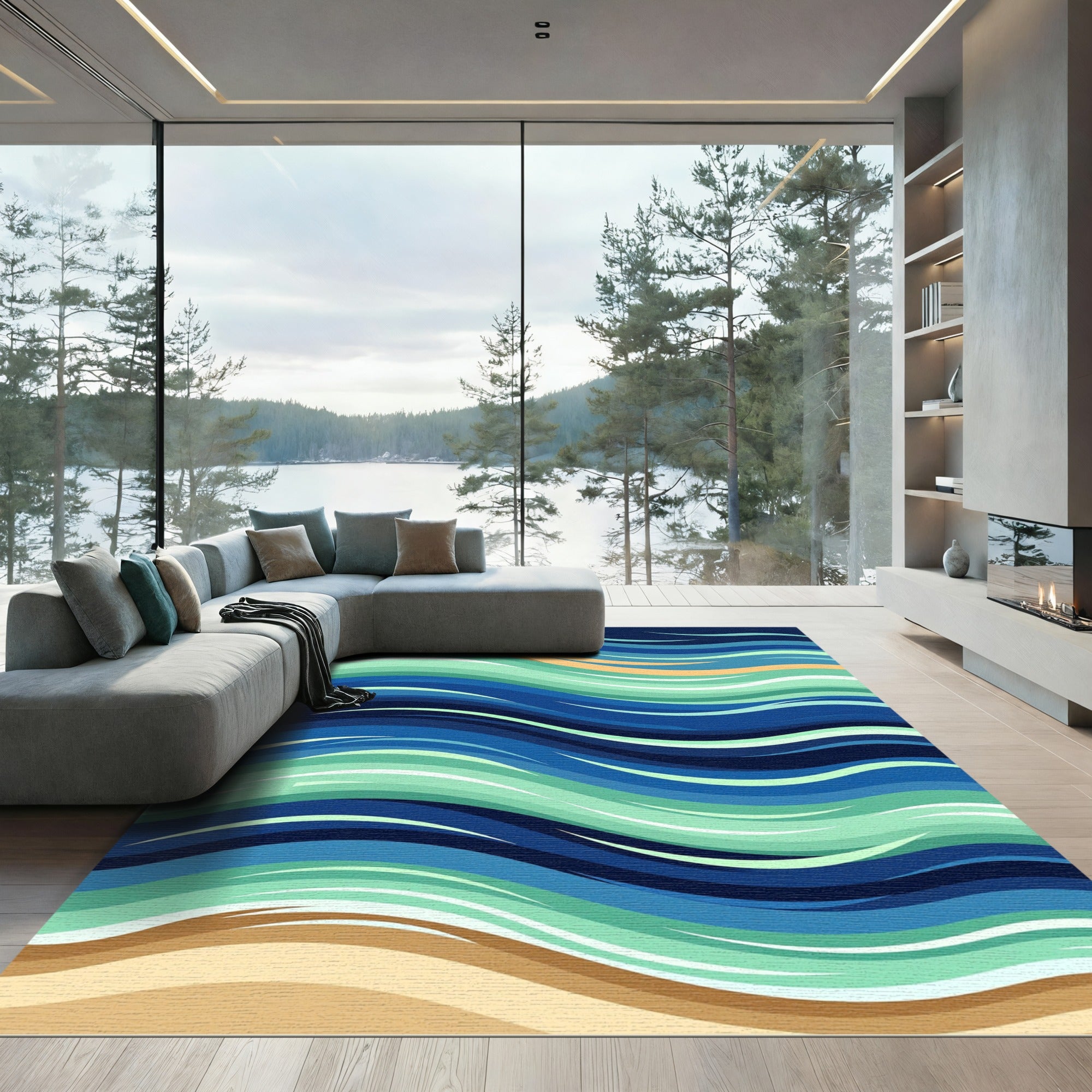 Abstract Blue Sea Wave Area Rug