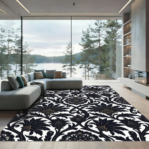 Black Gold Floral Damask Art Rug