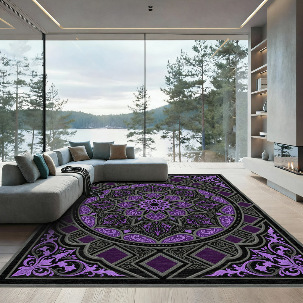 Ornate Purple Mandala Circular Damask Rug