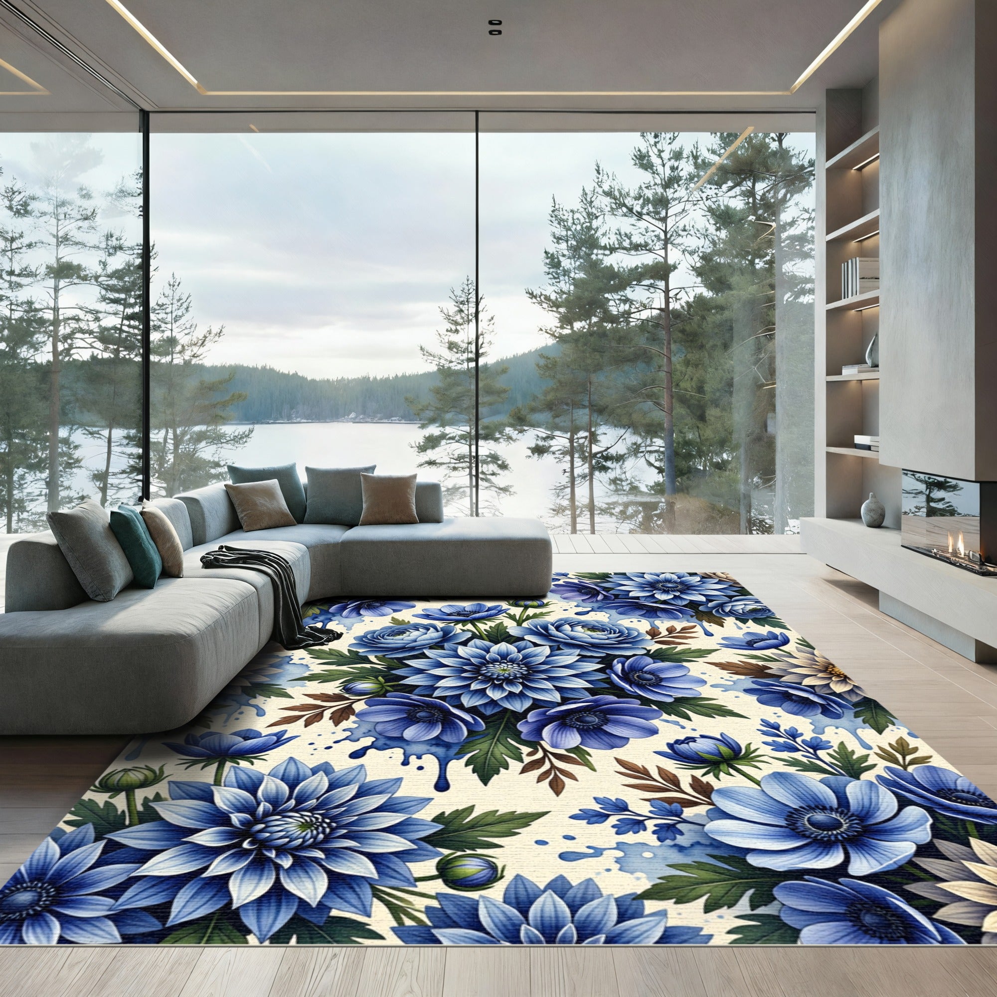 Vibrant Blue Floral Splash Arrangement Rug