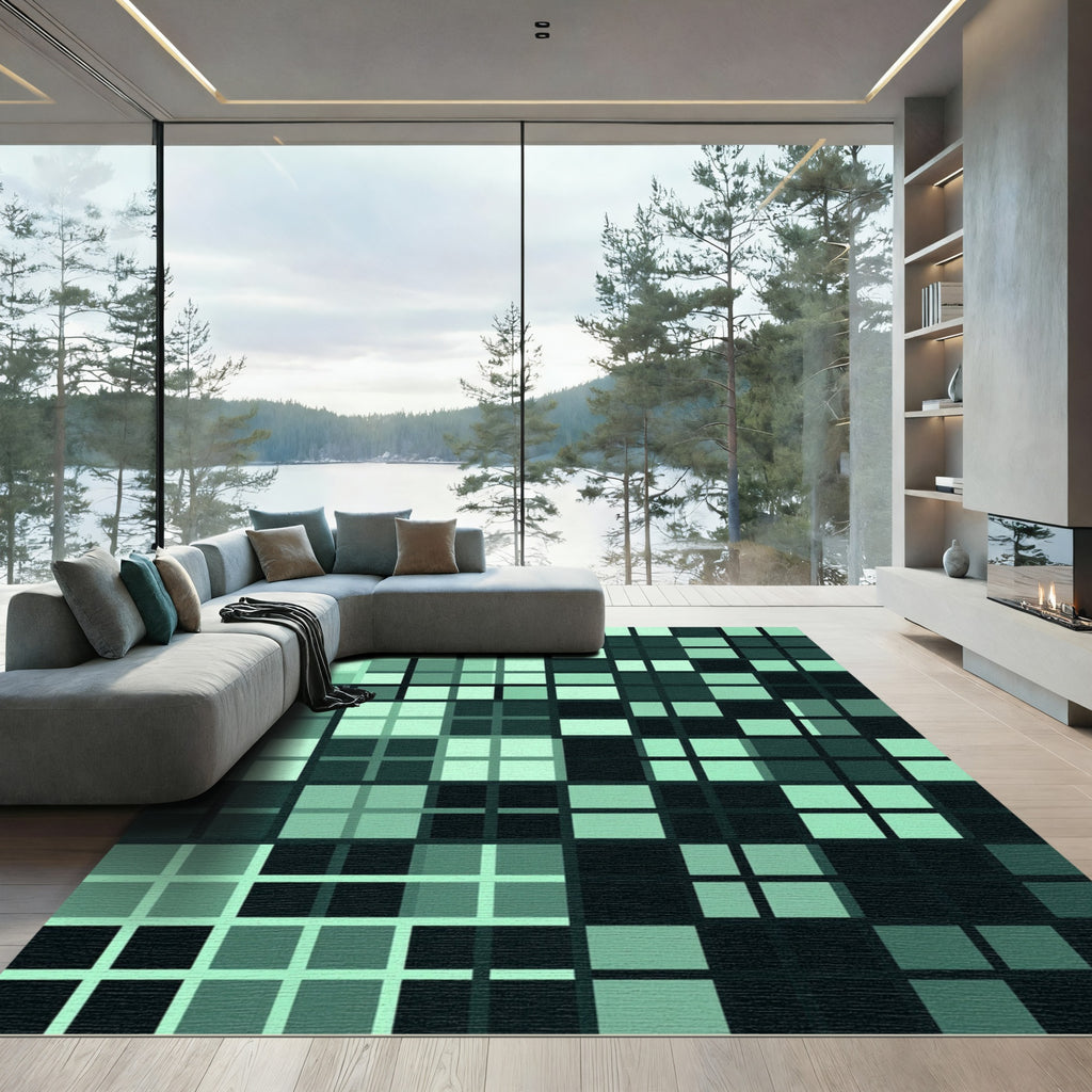 Mint Green Grid Abstract Geometric Rug