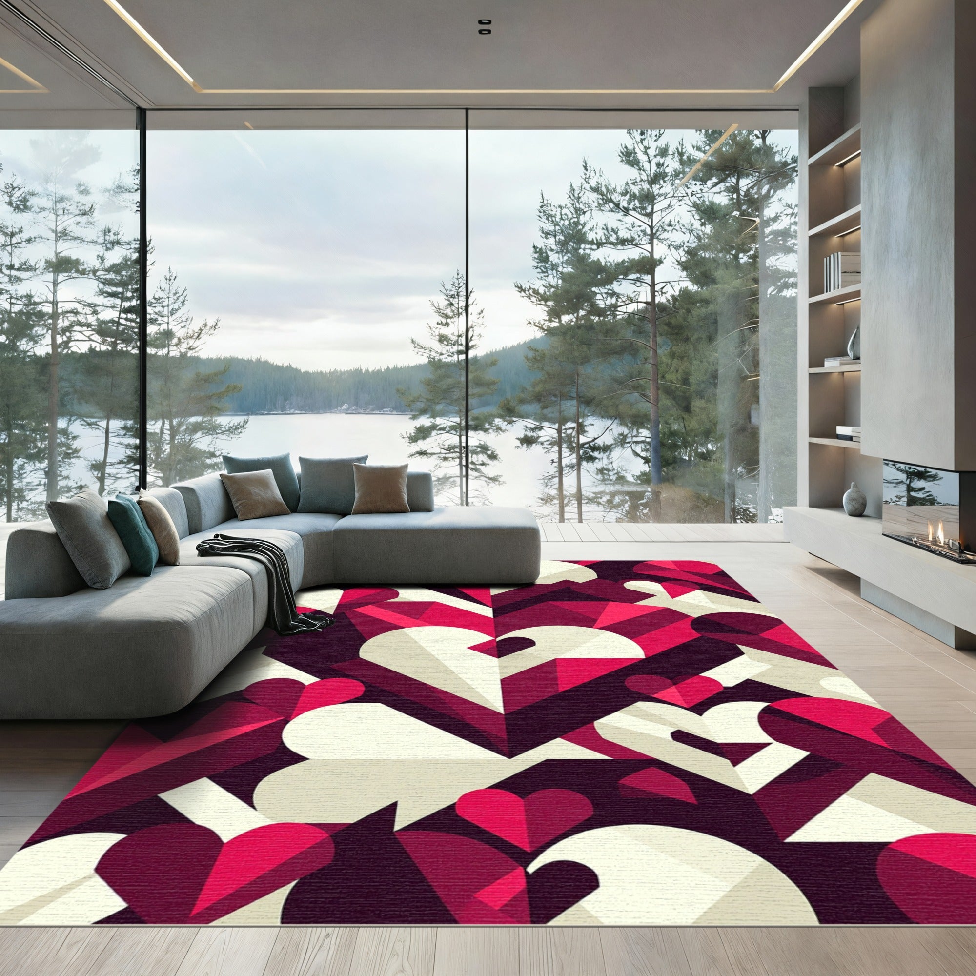 Geometric Crimson Heart Array Rug