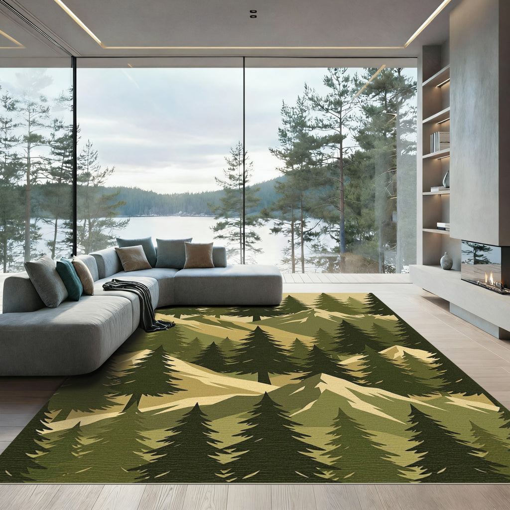 Earthy Pine Forest Mountain Landscape Rug