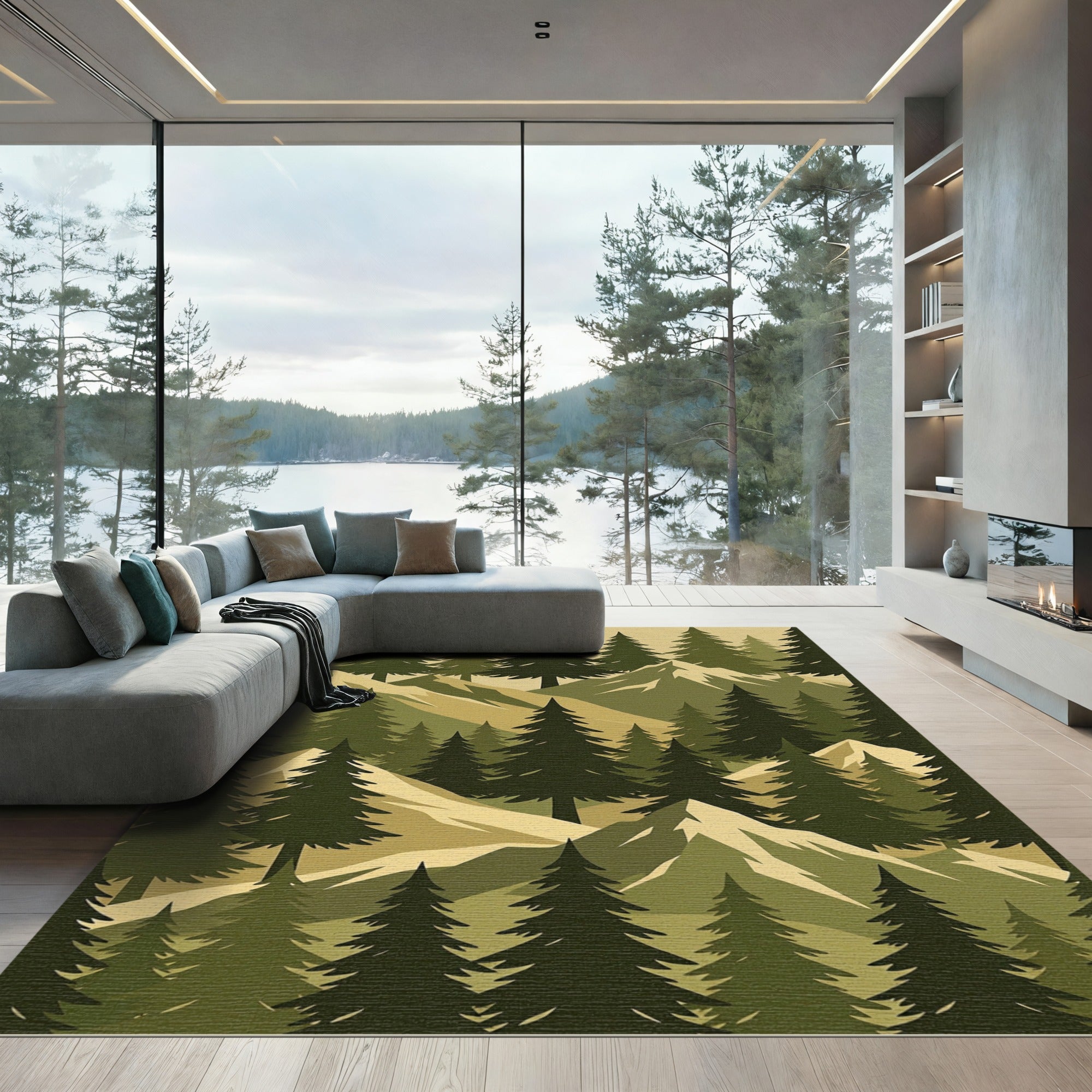 Earthy Pine Forest Mountain Landscape Rug
