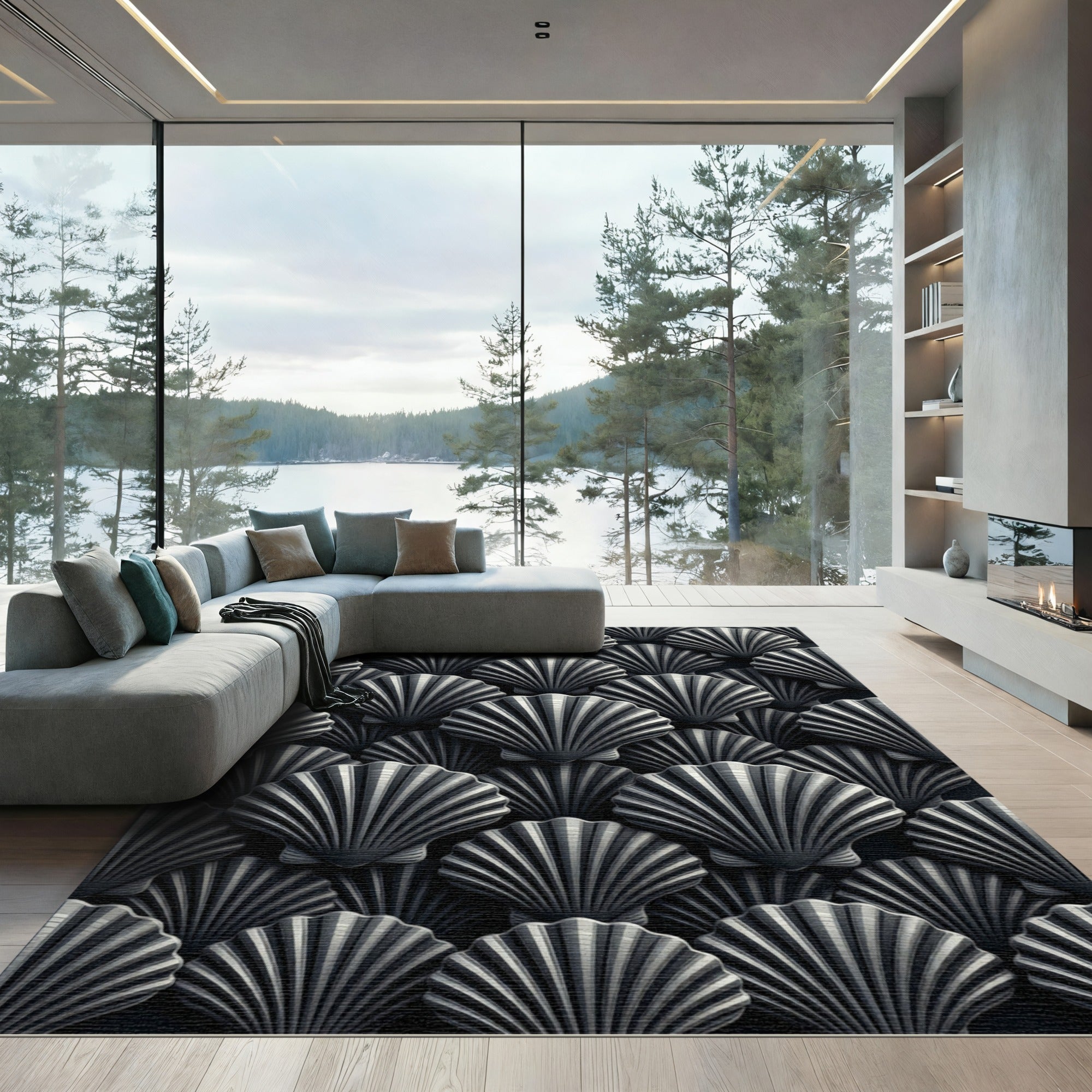 Metallic Silver Art Deco Scalloped Shell Rug