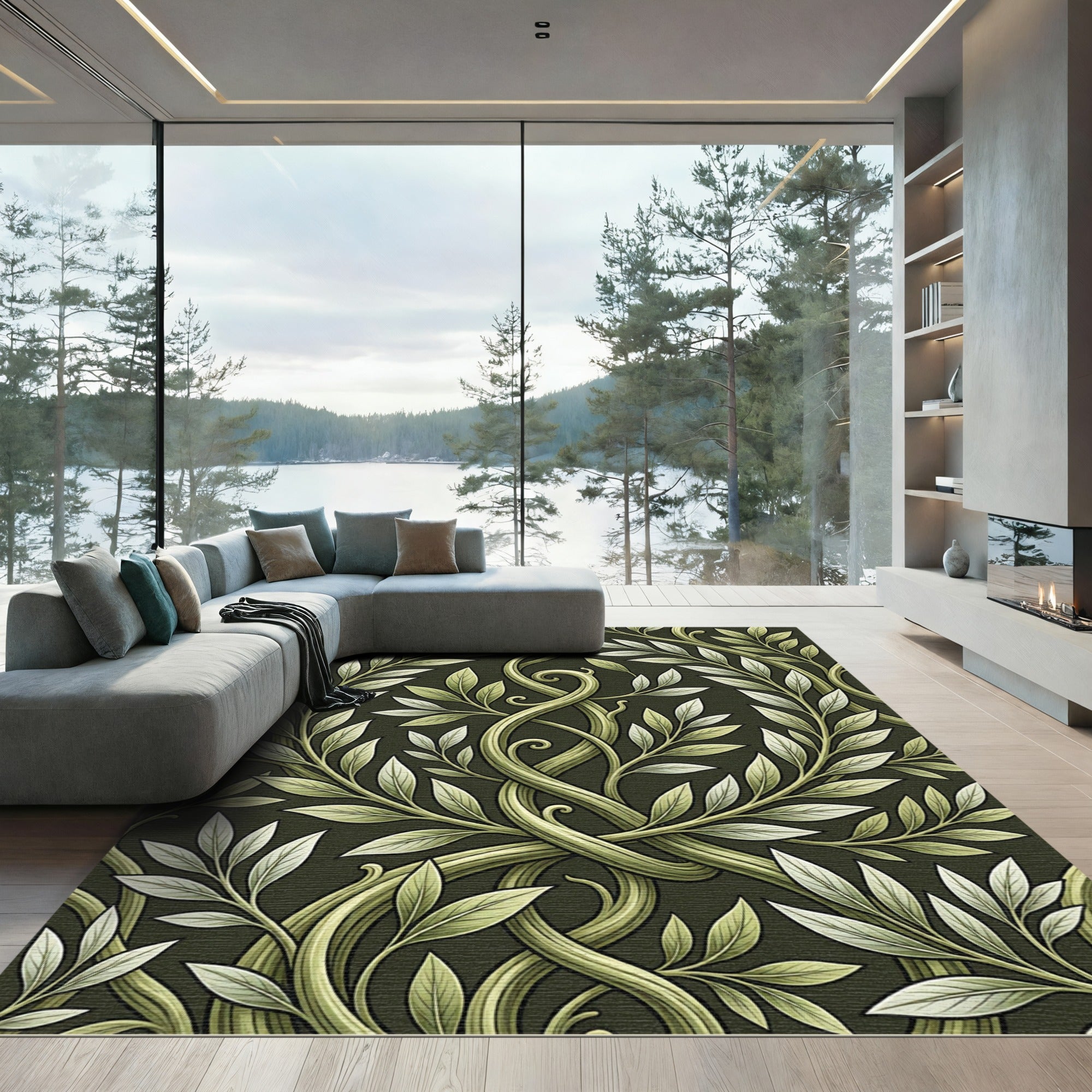 Botanical Olive Leaf Intertwined Vine Rug