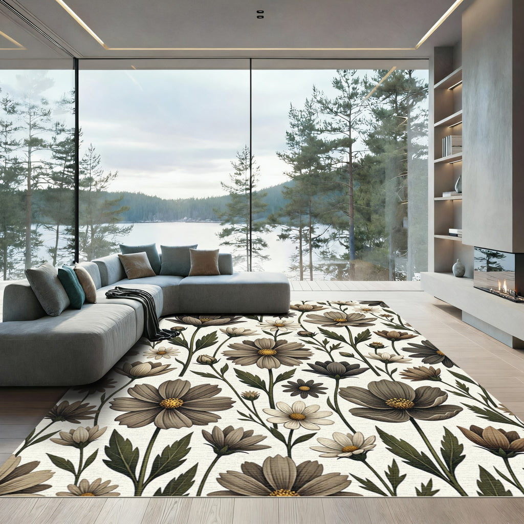 Earthy Tone Floral Botanical Arrangement Rug