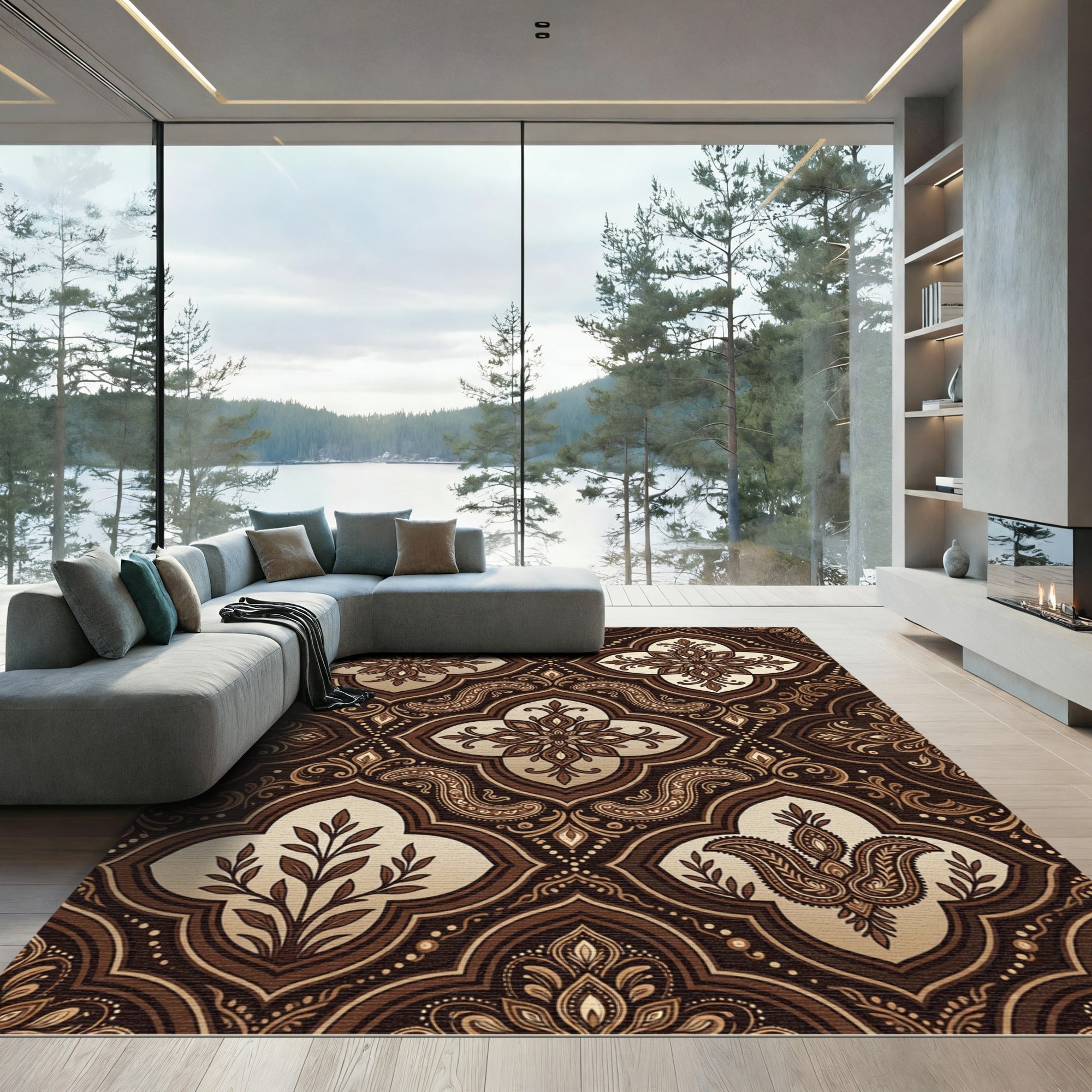 Elegant Chocolate Floral Damask Medallion Rug