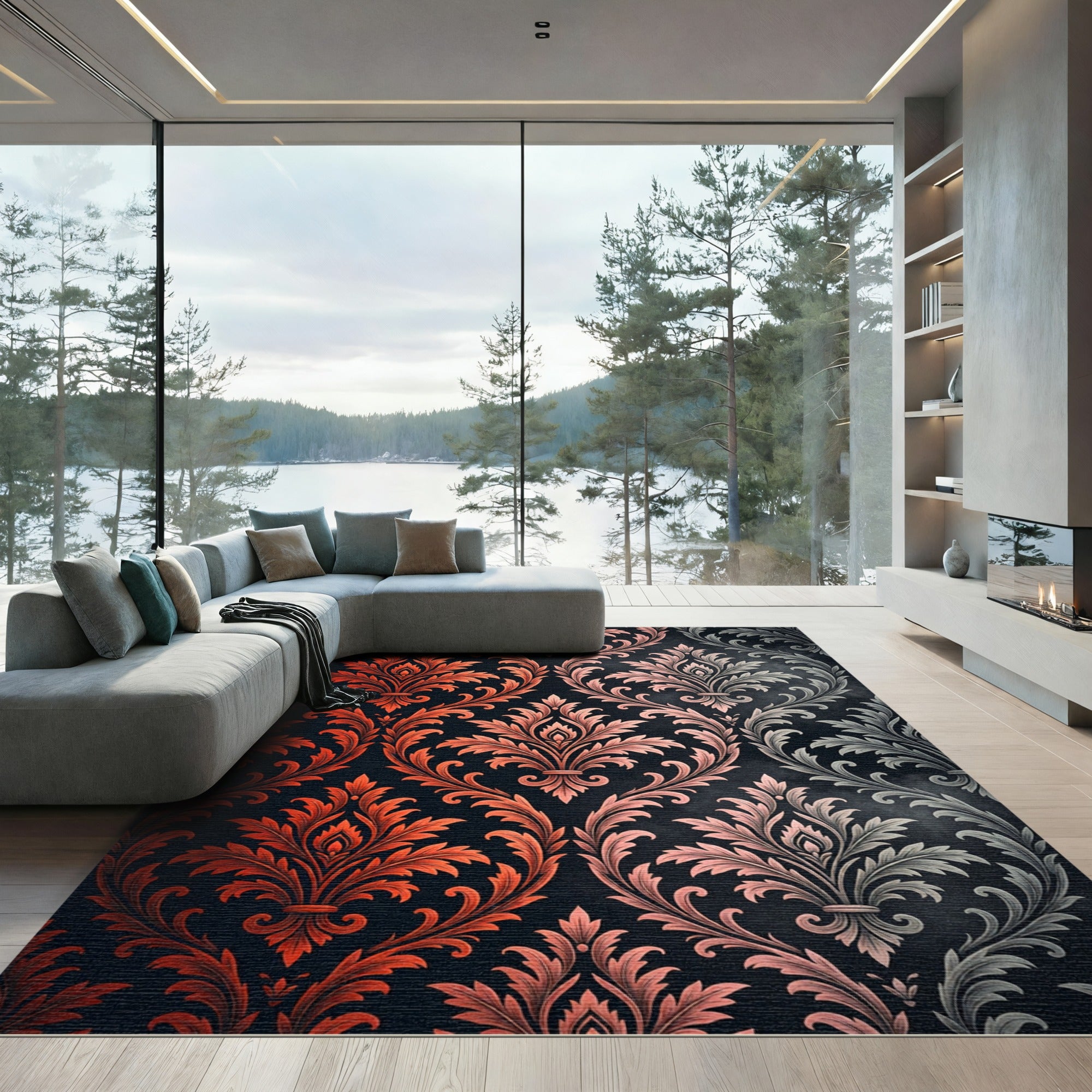 Ornate Copper and Silver Damask Rug