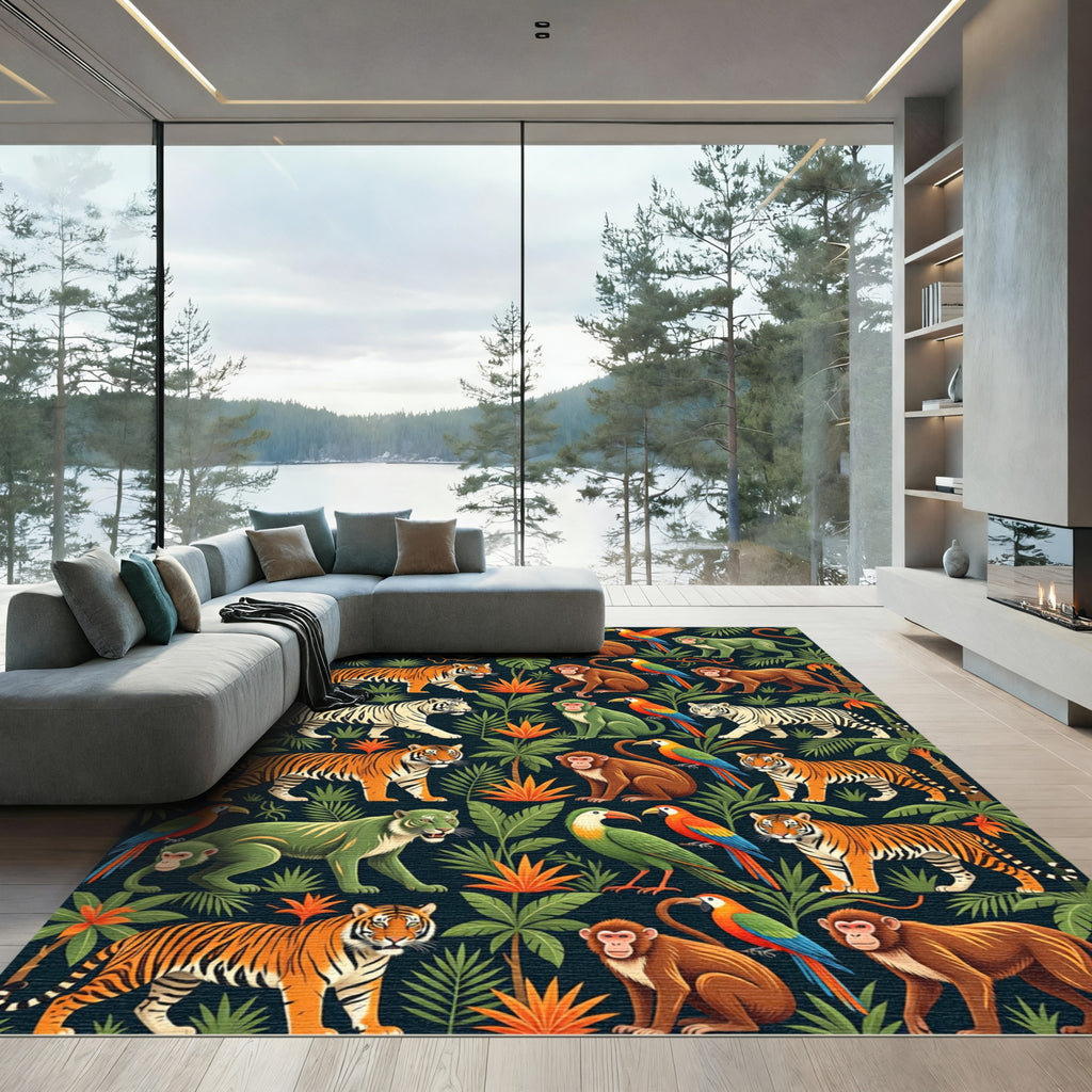 Vibrant Tropical Jungle Tiger Monkey Parrot Rug