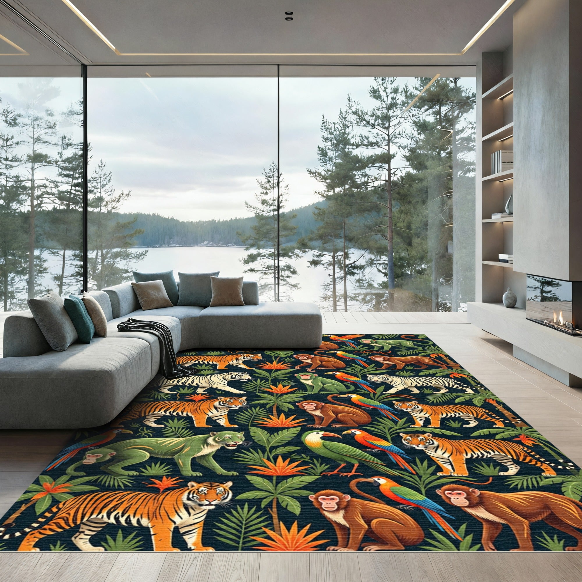 Vibrant Tropical Jungle Tiger Monkey Parrot Rug