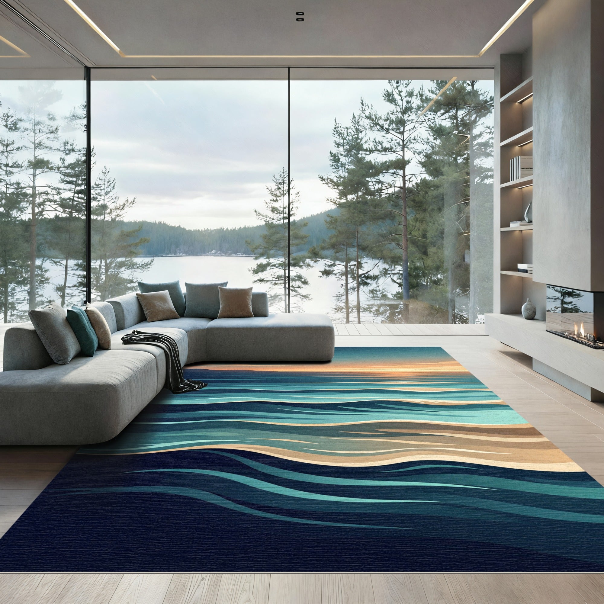 Minimalist Sunset Horizon Ocean Wave Rug