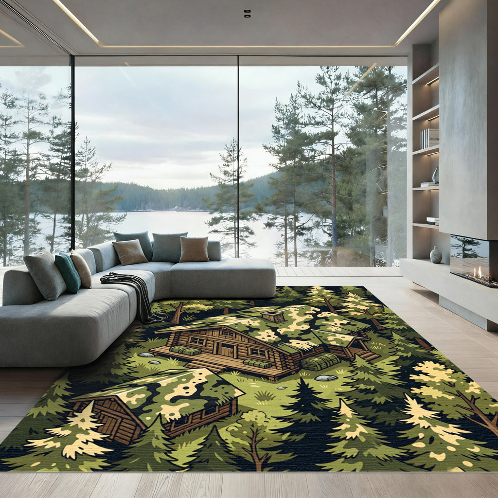 Camo Forest Cabin Landscape Illustration Rug