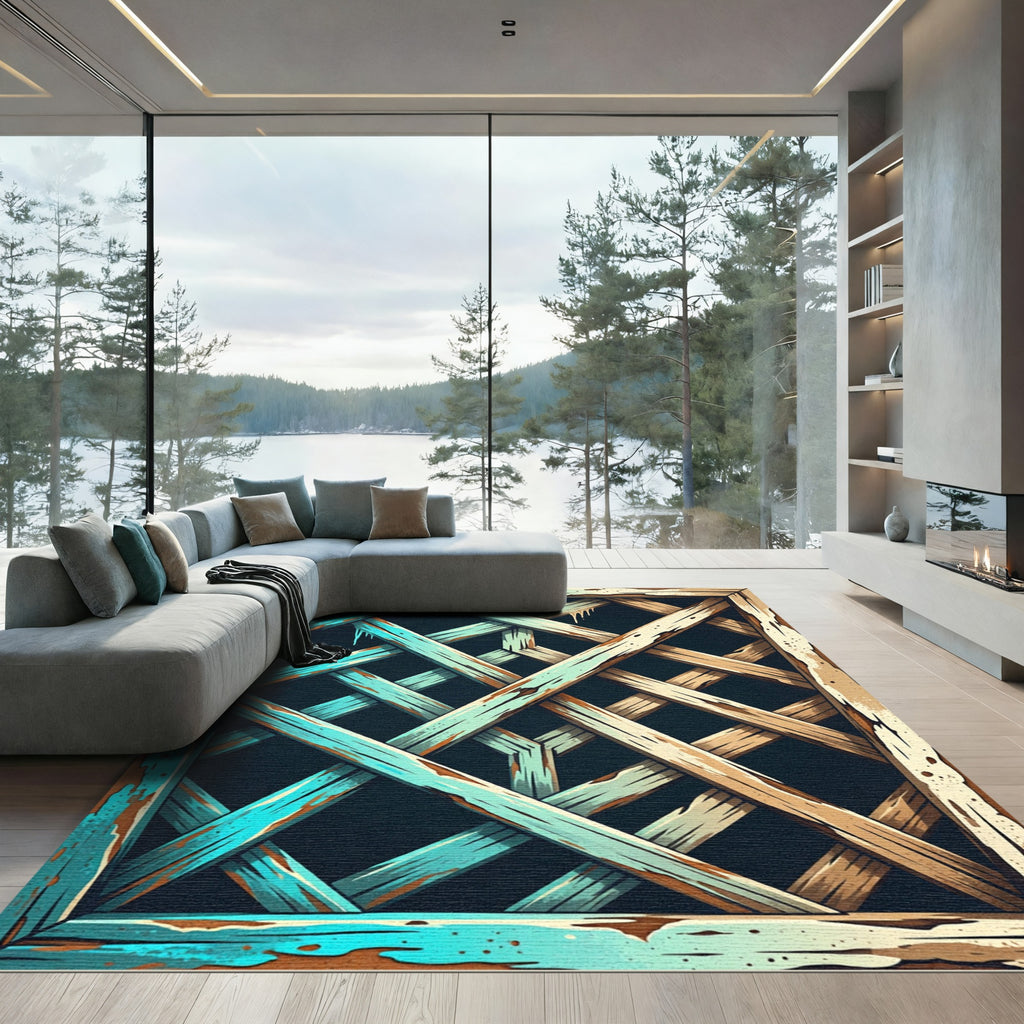 Rustic Teal Wood Lattice Pattern Rug