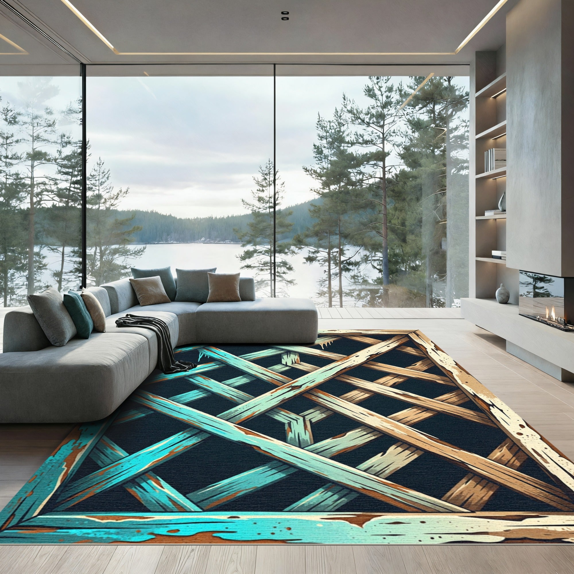 Rustic Teal Wood Lattice Pattern Rug