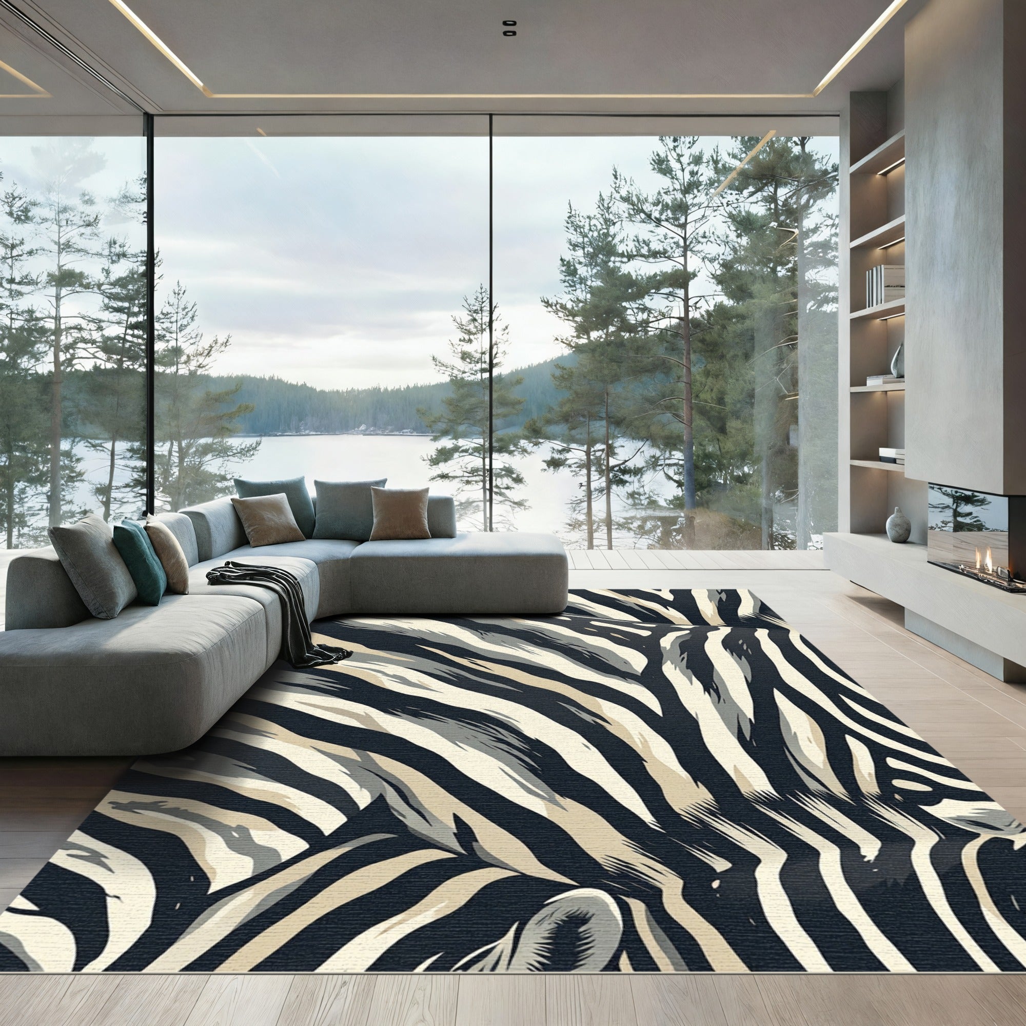 Abstract Charcoal Zebra Stripe Art Rug