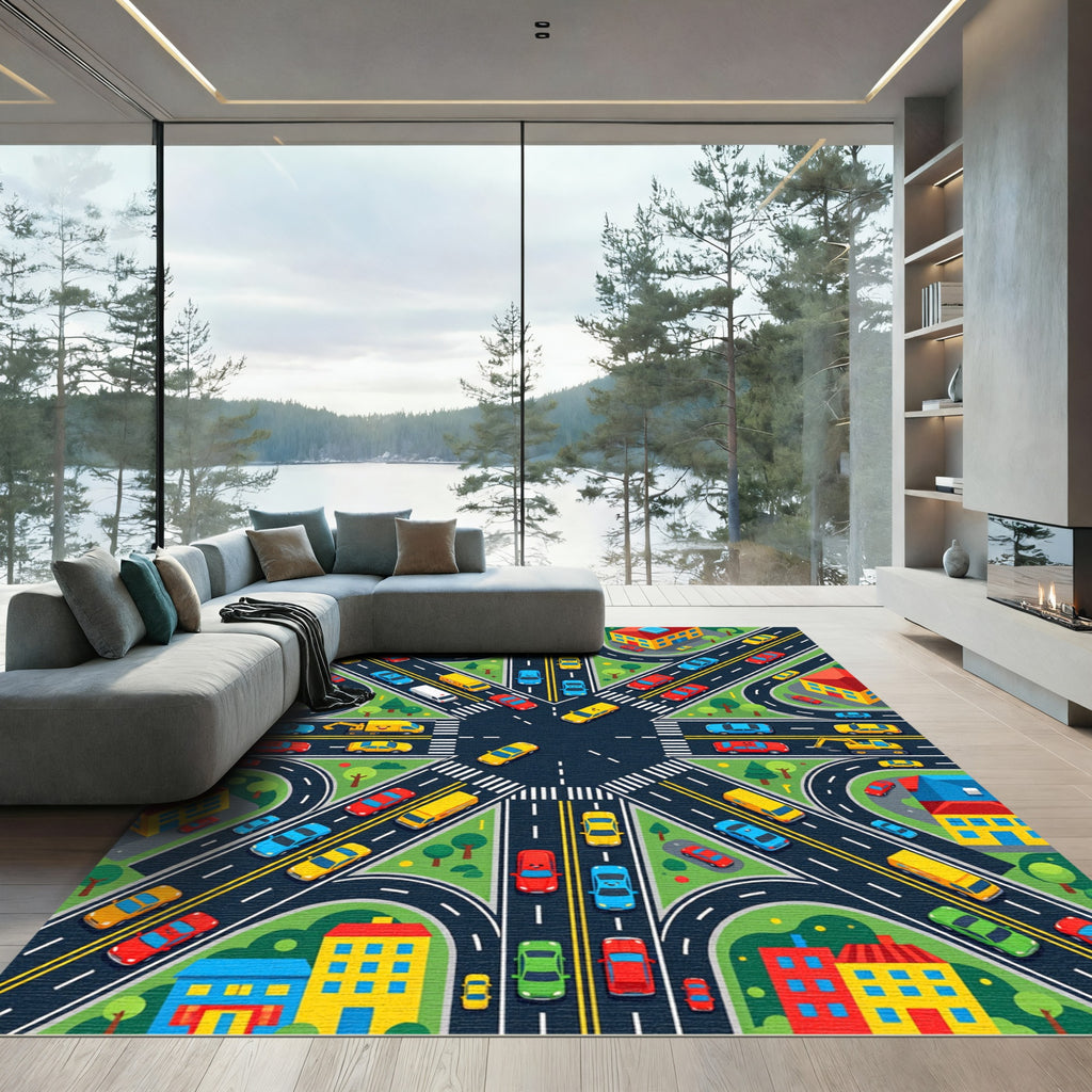 Vibrant Isometric City Traffic Intersection Grid Rug