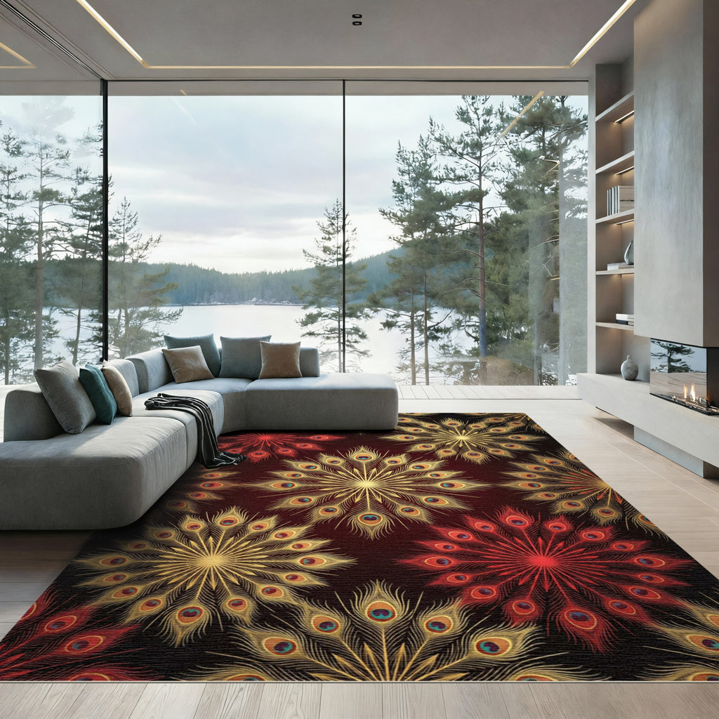 Golden Peacock Feather Mandala Medallion Rug