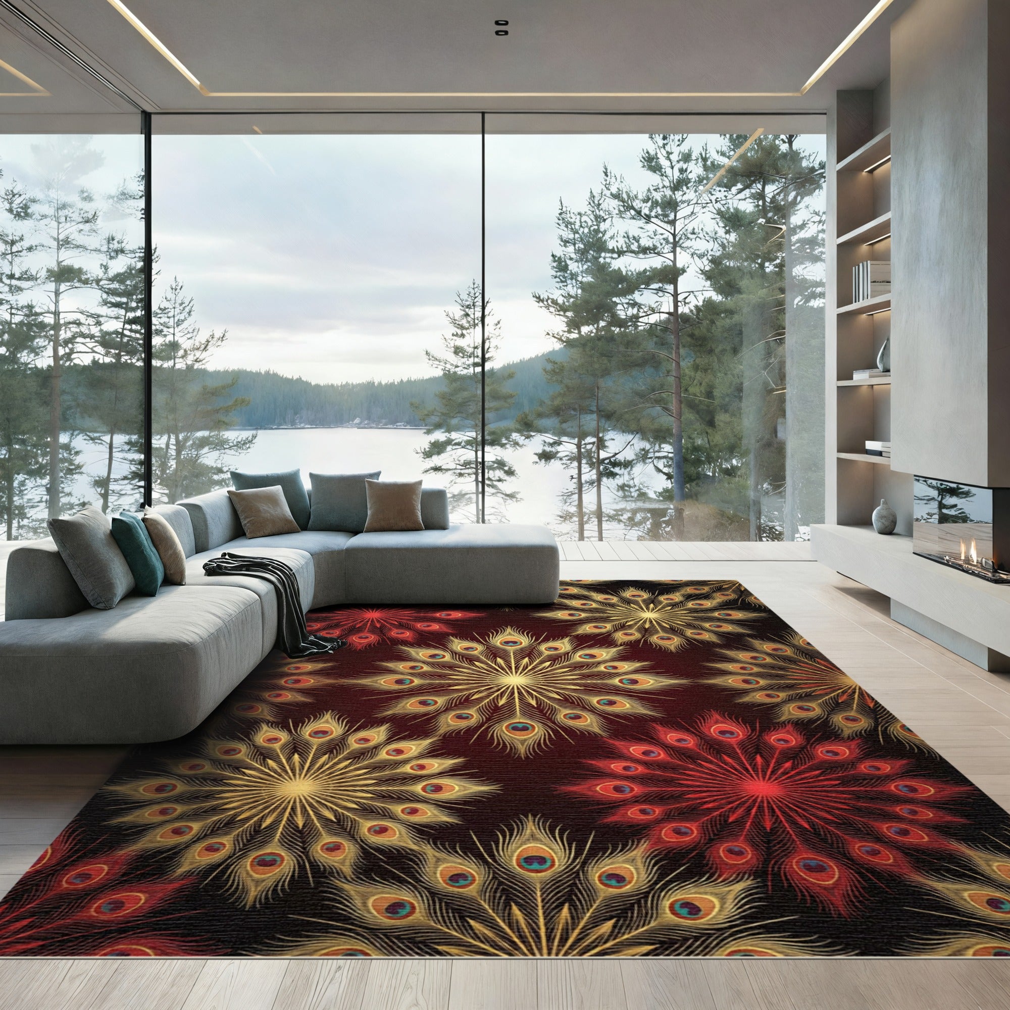 Golden Peacock Feather Mandala Medallion Rug