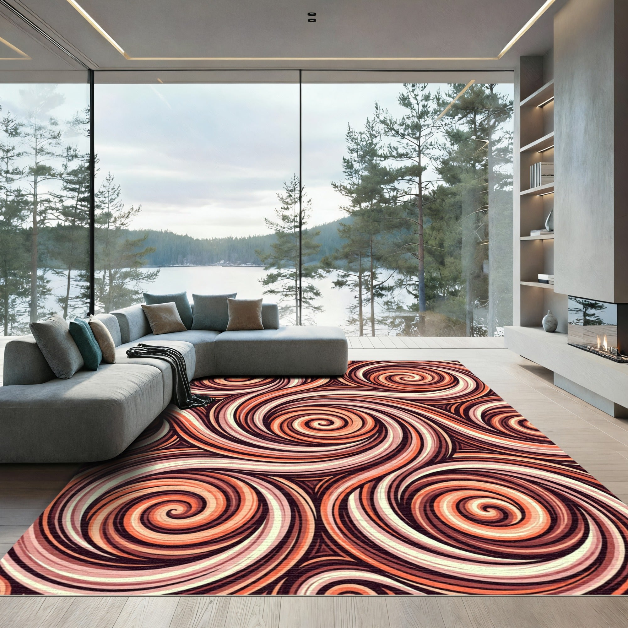 Crimson Swirling Lines Abstract Rug