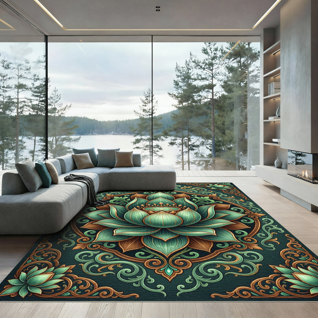 Jade Lotus Gold Ornamental Mandala Rug