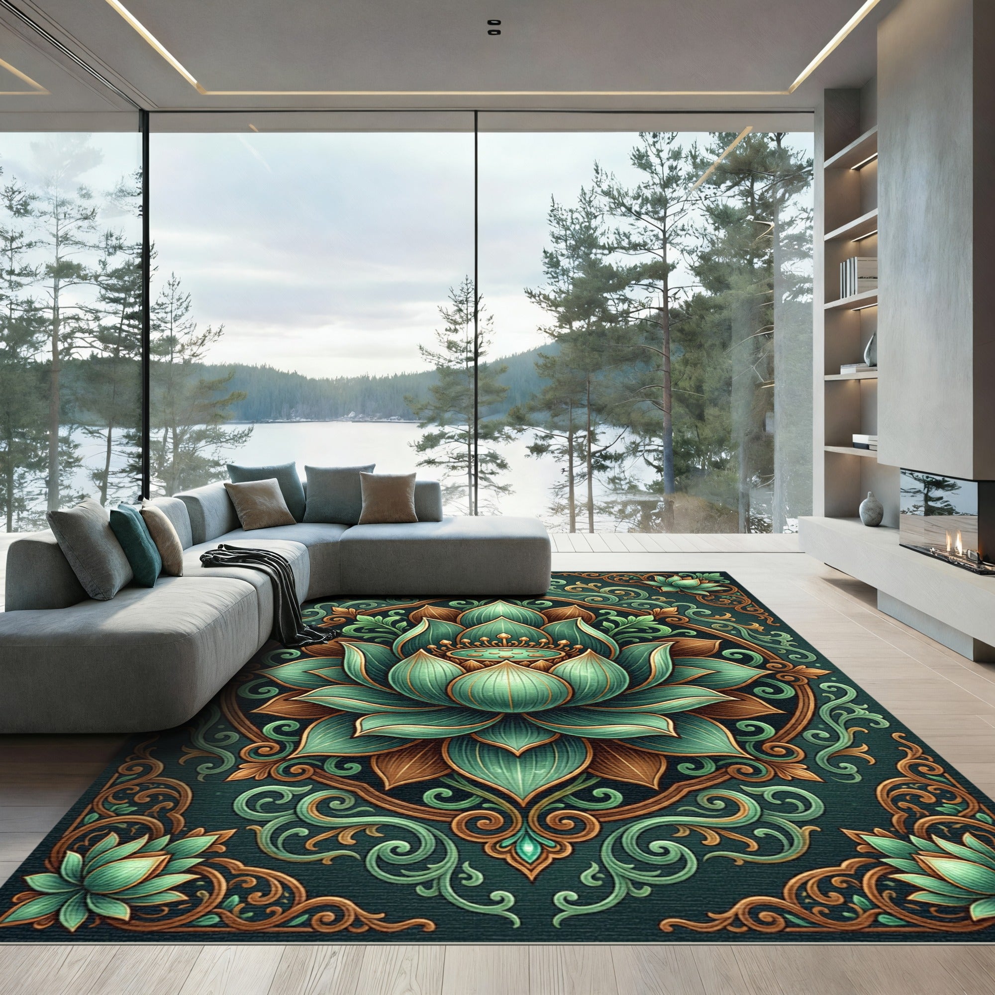 Jade Lotus Gold Ornamental Mandala Rug