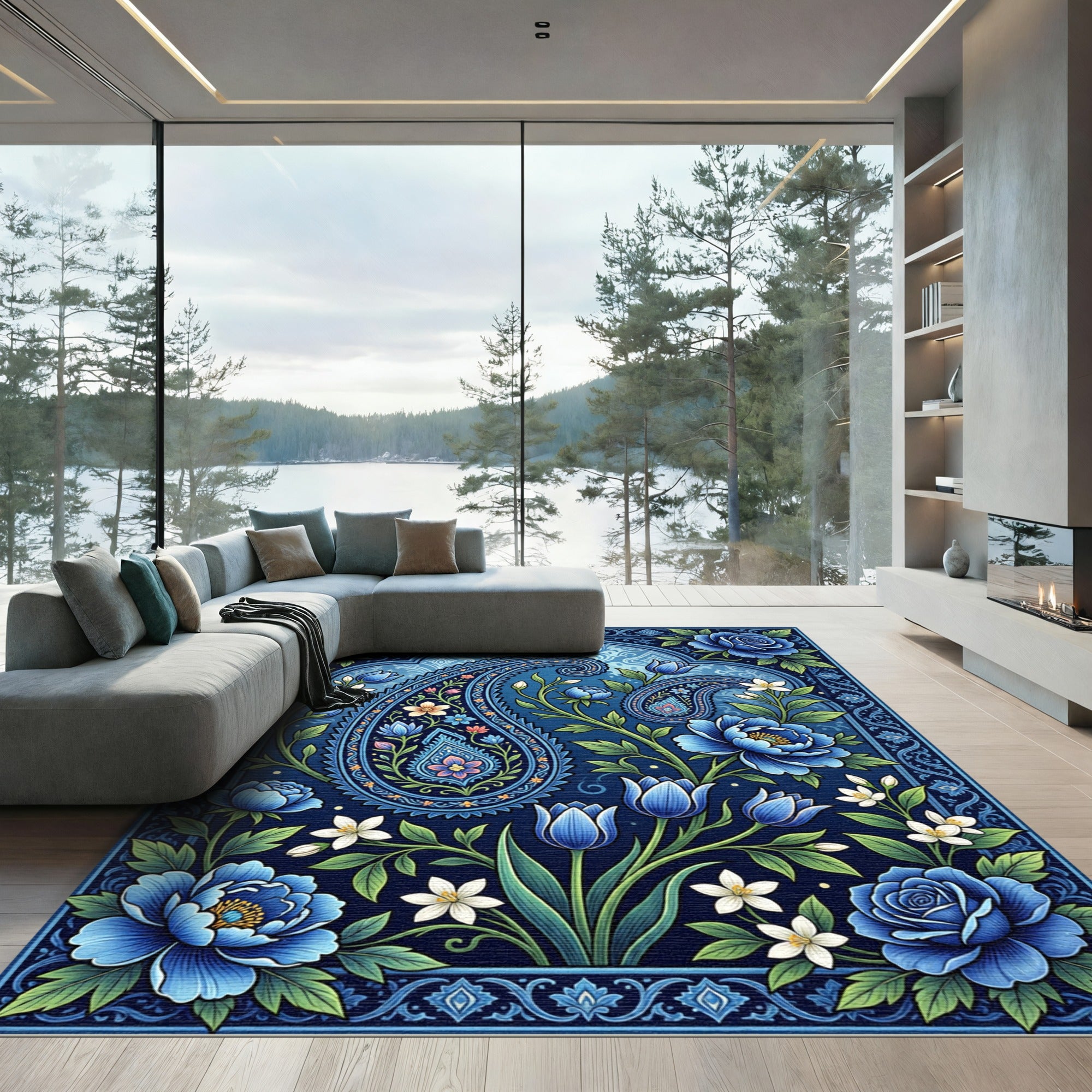 Midnight Blue Floral Paisley Medallion Rug