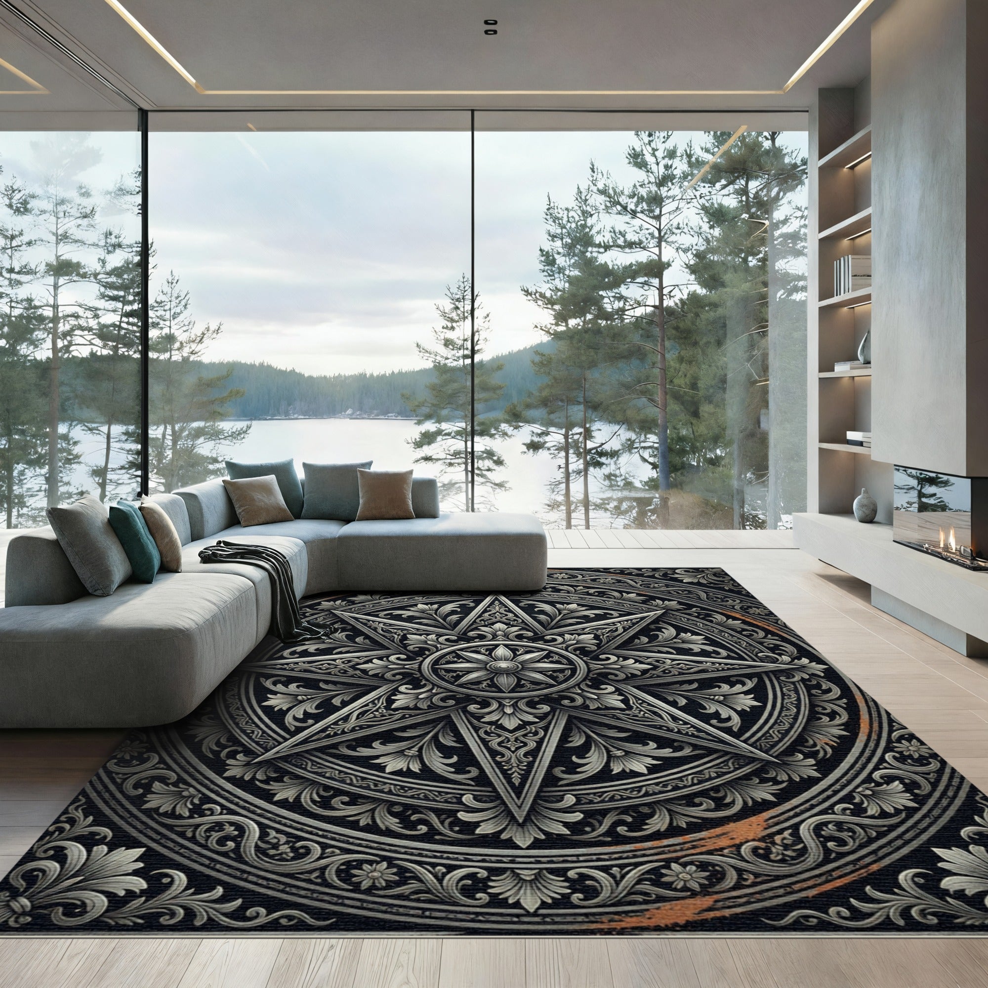 Ornate Silver Star Monochromatic Ornate Medallion Rug