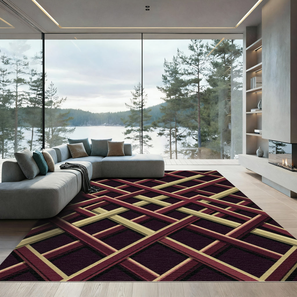 Geometric Deep Crimson and Gold Interlocking Grid Rug
