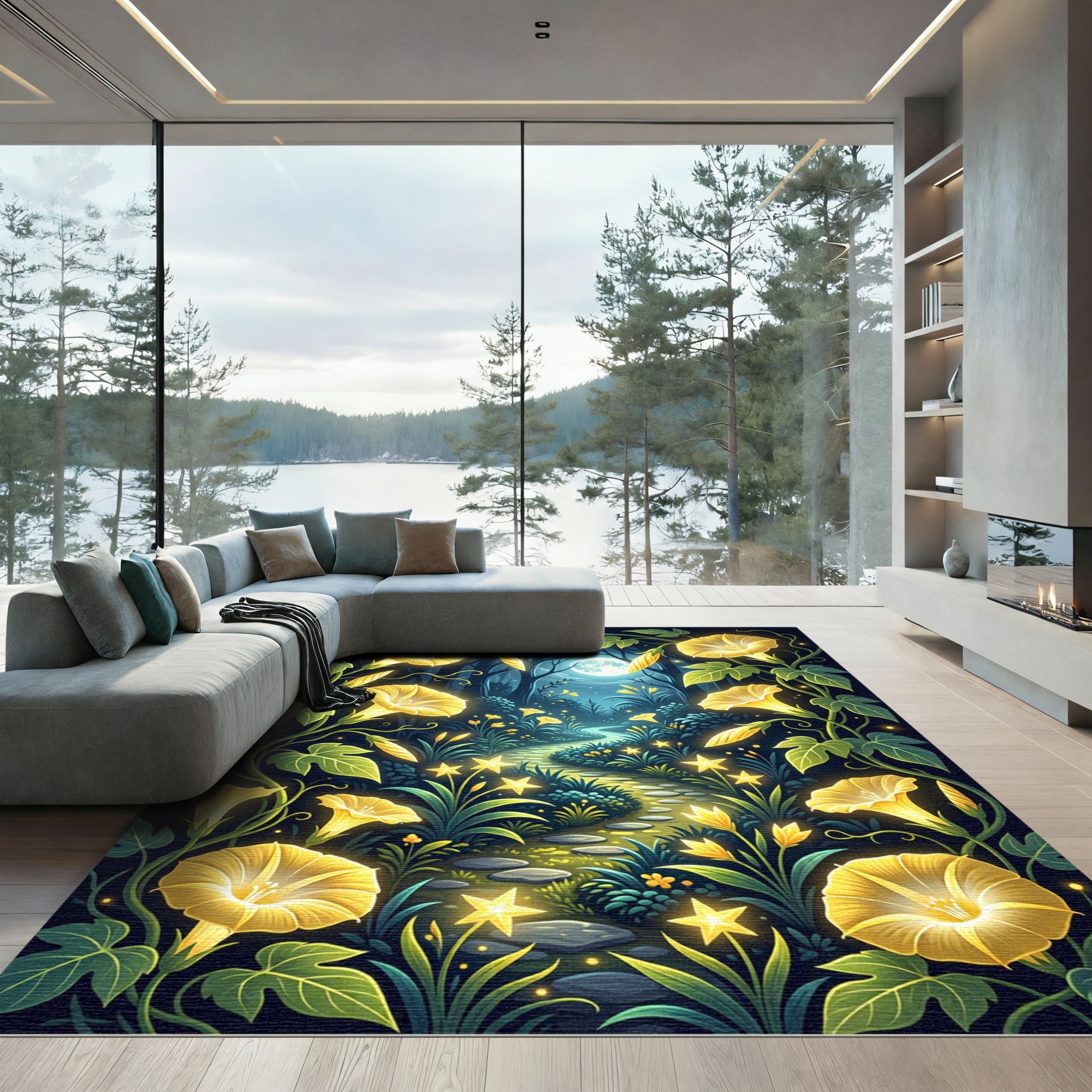 Luminous Golden Nocturnal Meadow Floral Rug
