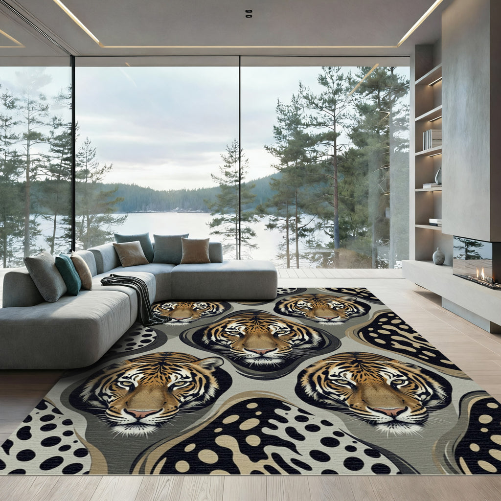 Ferocious Tiger Faces Brown Ochre Spots Rug