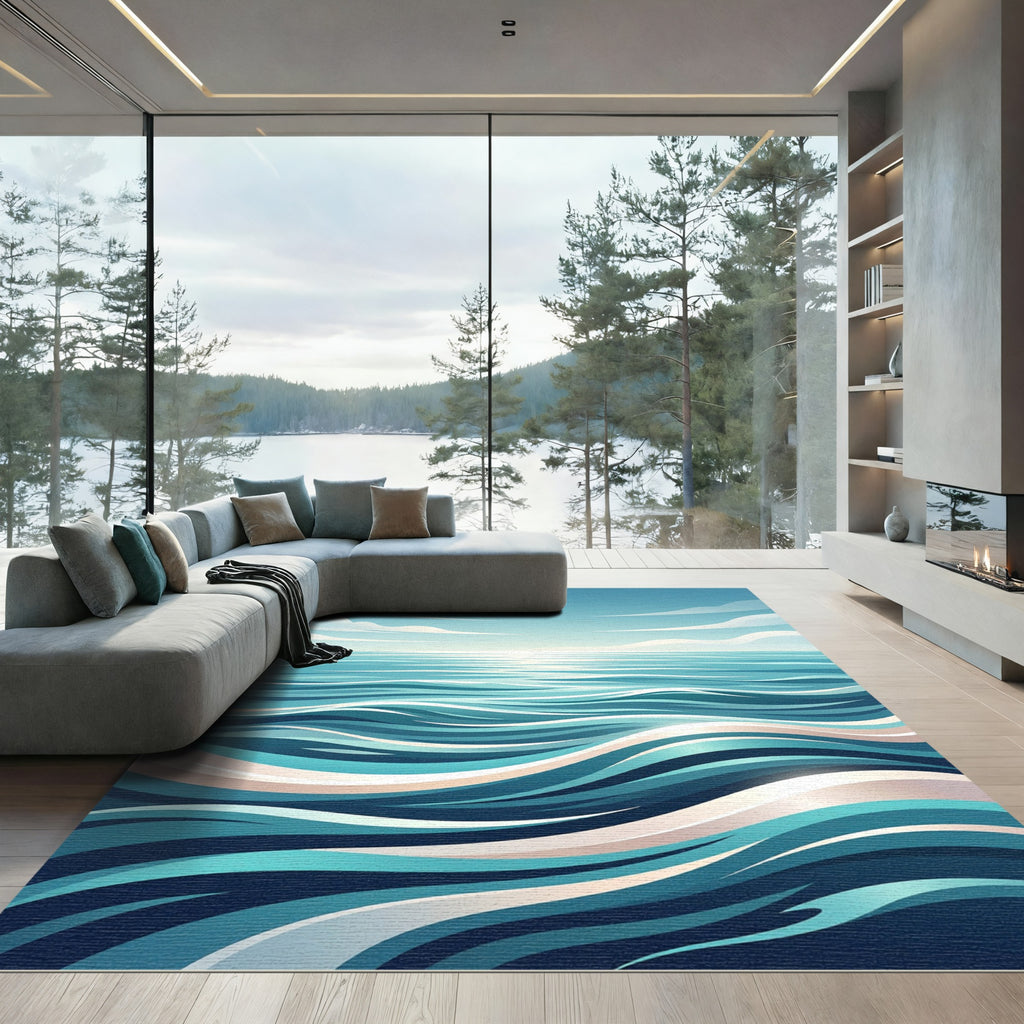 Serene Blue Abstract Ocean Wave Rug