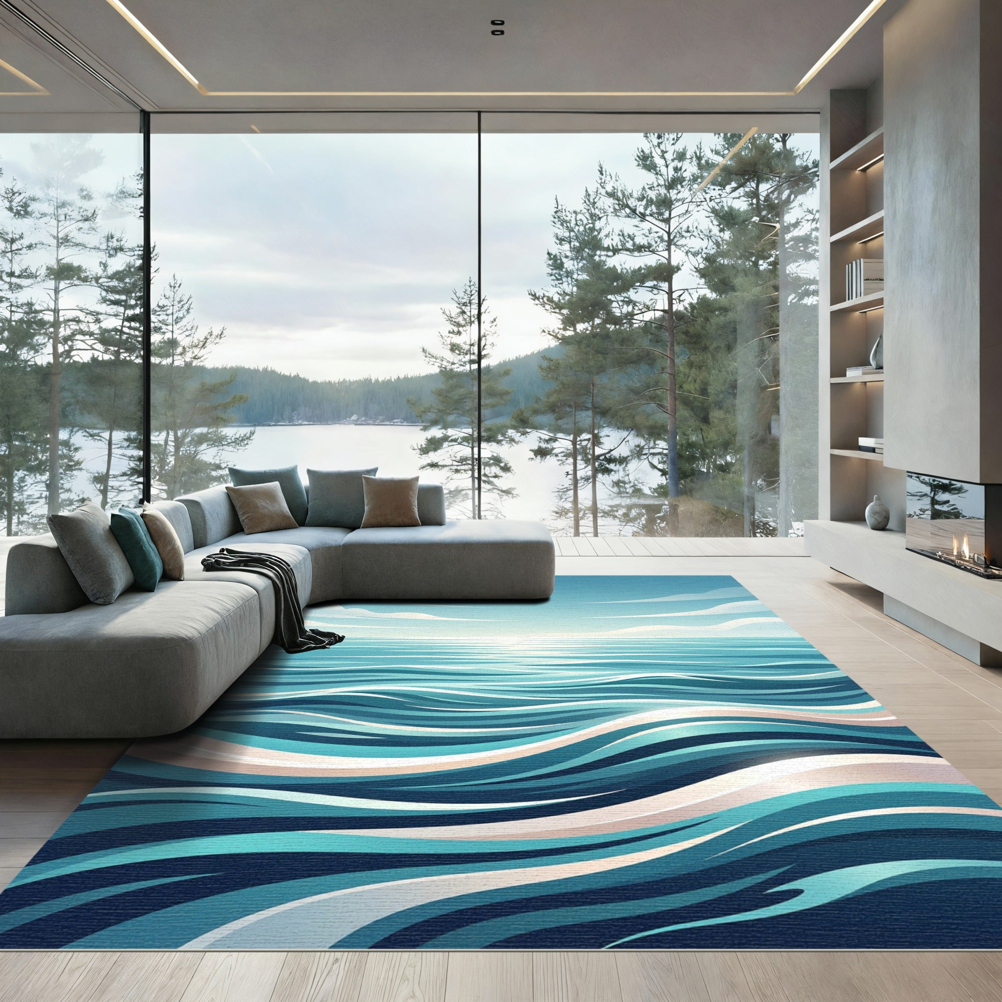 Serene Blue Abstract Ocean Wave Rug