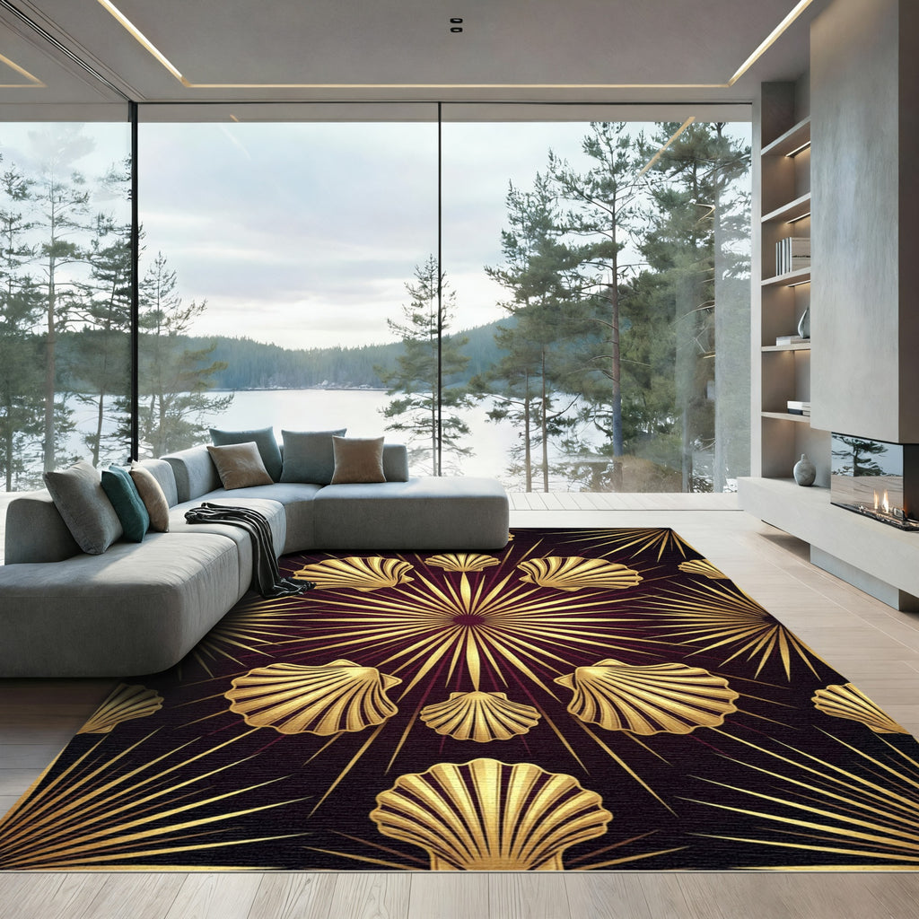 Gold Shell Radiant Sunburst Art Deco Rug